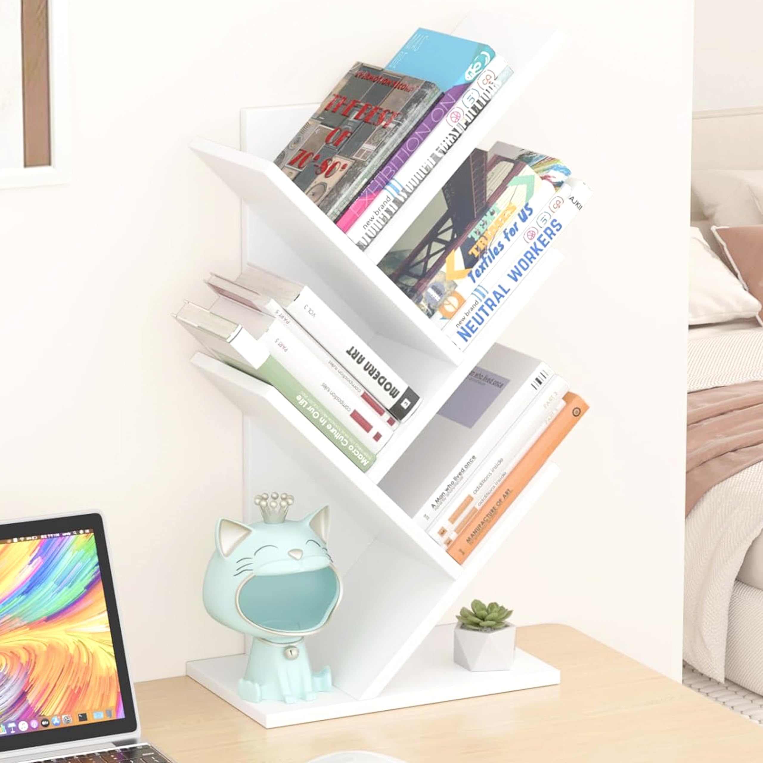 Decazone Tree Bookshelf, Small Space-Saving Corner Bookcase, Rack for Study Room DIY Wooden Book Stand with Storage Space for Holds Books, CDs, Games, Office, Livingroom, Bedroom-image-12