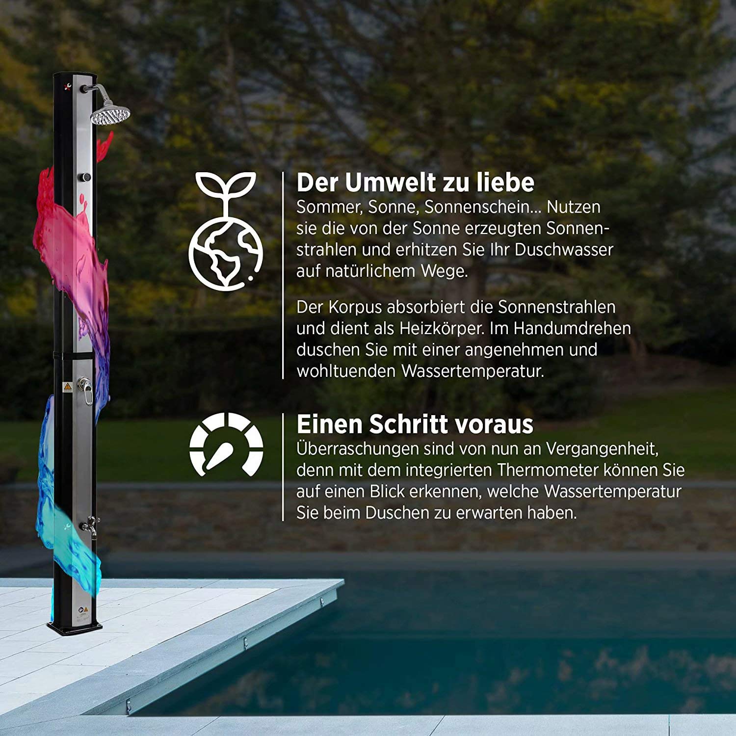 CanKun Solardusche 35L, Gartendusche Max. 60°C Solardusche Garten Mit Integriertem Thermometer & Fußdusche Gartendusche Solar Gartendusche Aussendusche