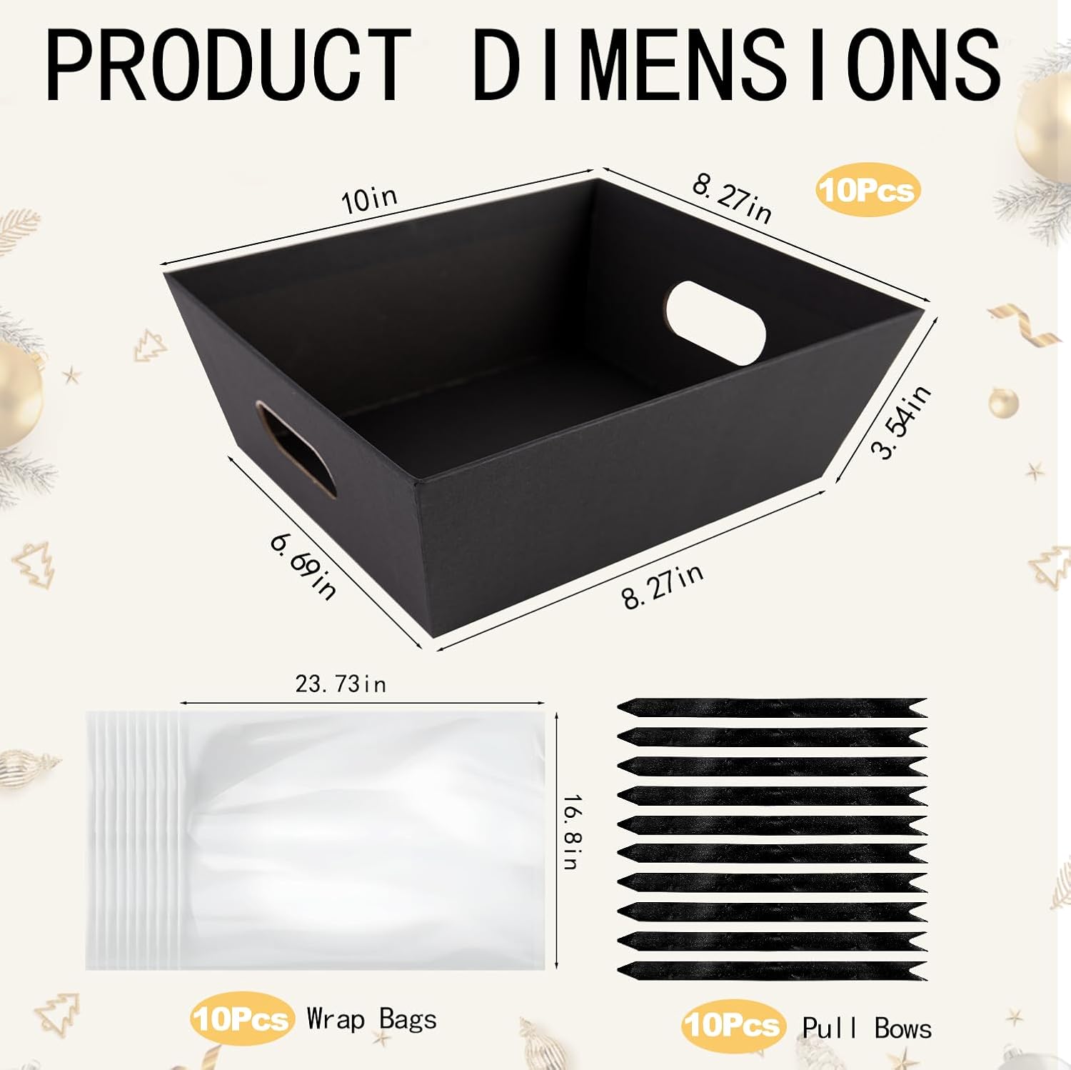 10 Set Baskets for Gifts Empty, 10 x 8” Thick Kraft Gift Basket with Cellophane Wrap and Pull Bows, Empty Gift Basket Set for Graduation Christmas Thanksgiving Valentine Easter Wedding (Black)