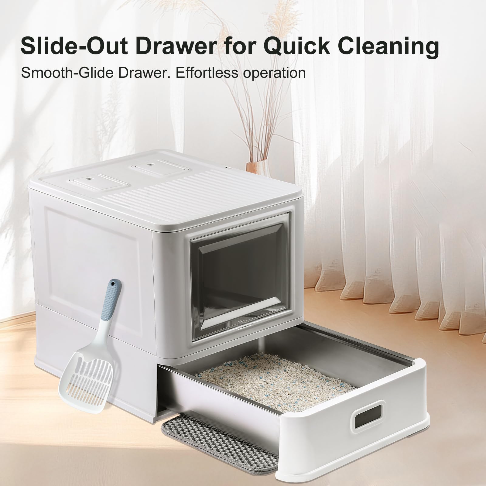 Marchul Enclosed Stainless Steel Cat Litter Box with Lid & Drawer Design, XL Extra Large for Indoor Cats, Metal Covered Cat Litter Box, Baffles for Anti-Leakag, with Litter Scoop & Litter Mat