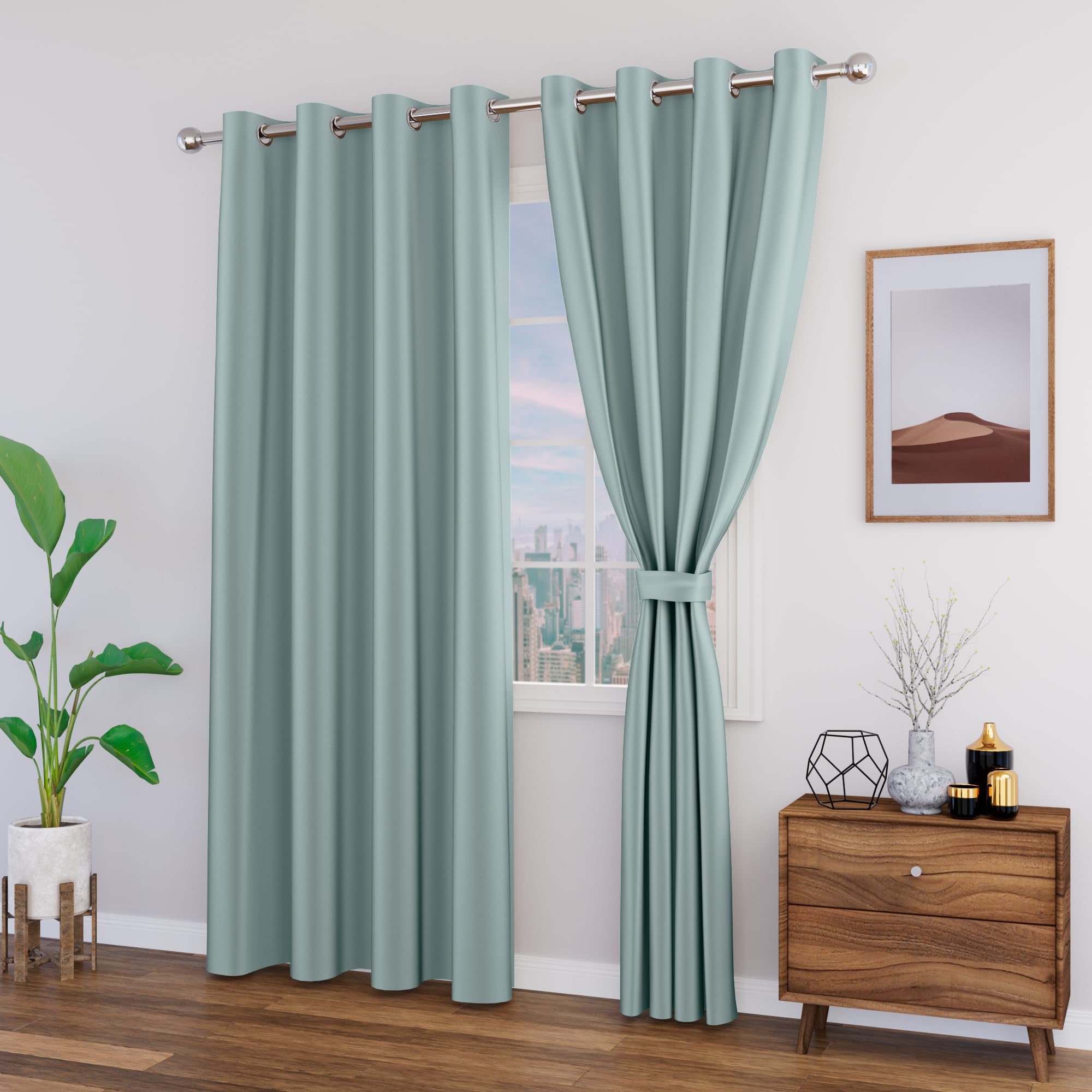 80-90% Blackout Door Curtains with Tie Back 8 feet 2 Pcs| Room Darkening, Thermal Insulated, Noise Reducing Heavy Polyester Solid Curtains (Light Blue Colour)-image-39