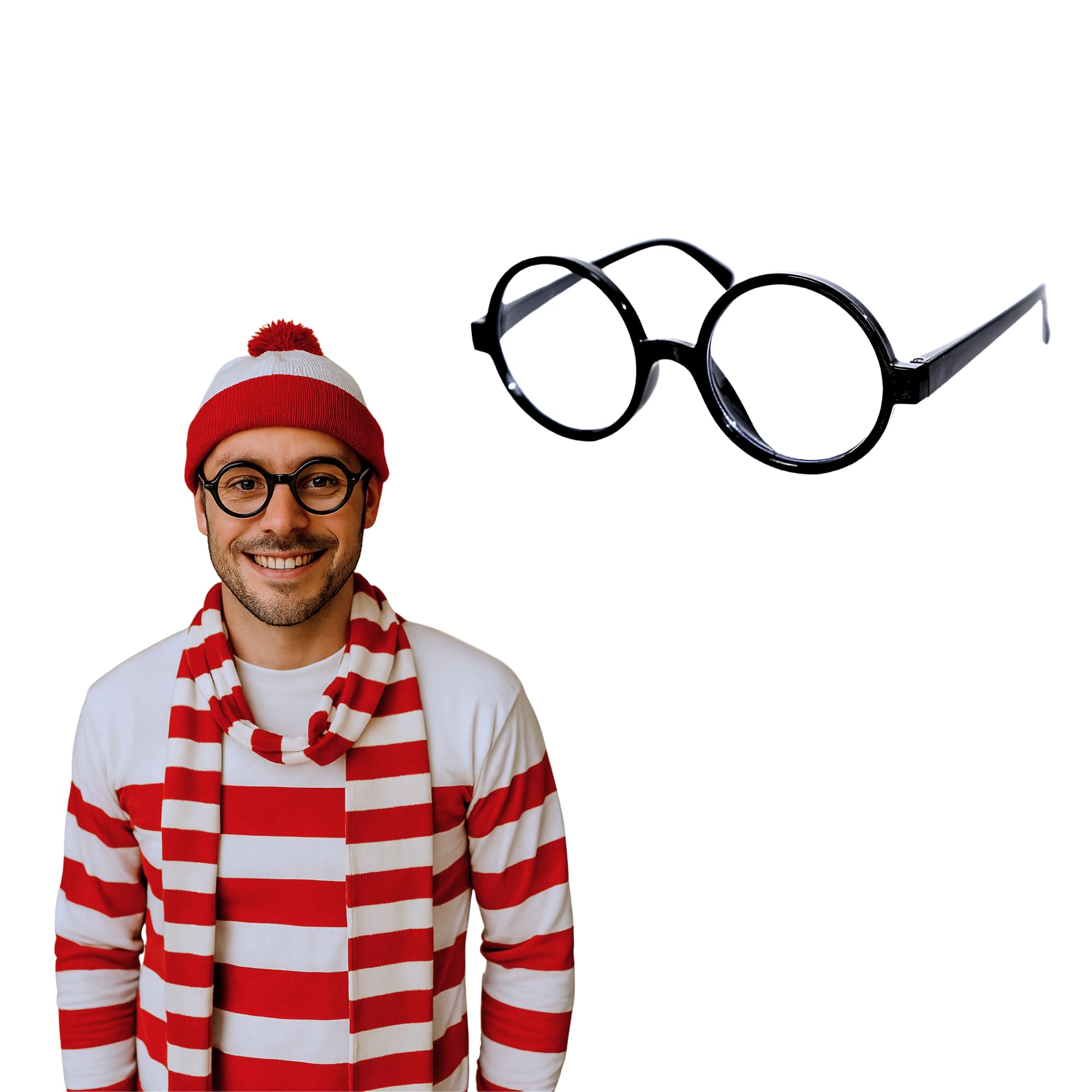 Wheres Waldo Costume Round Glasses for Men & Women - Fake Nerd Glasses Novelty Costume - Black Circle Cosplay Round Eyeglasses Disguise for Harry Potter, Minion, Scientist Character Outfit Accessory