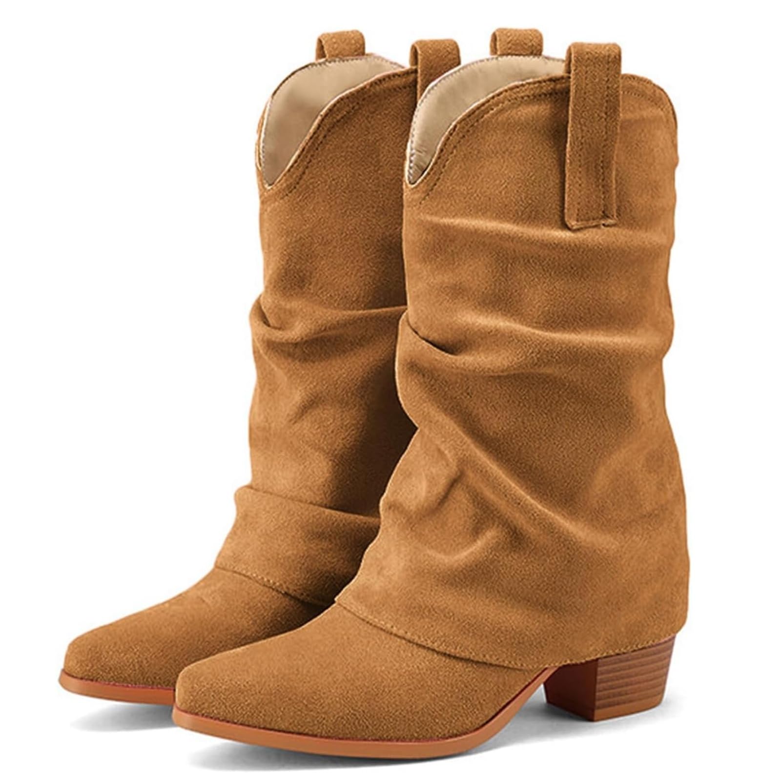 Alsoloveu Womens Fold Over Boots Mid Calf Slouchy Boots Pointed Toe Chunky Heel Western Cowboy Boot Pull On