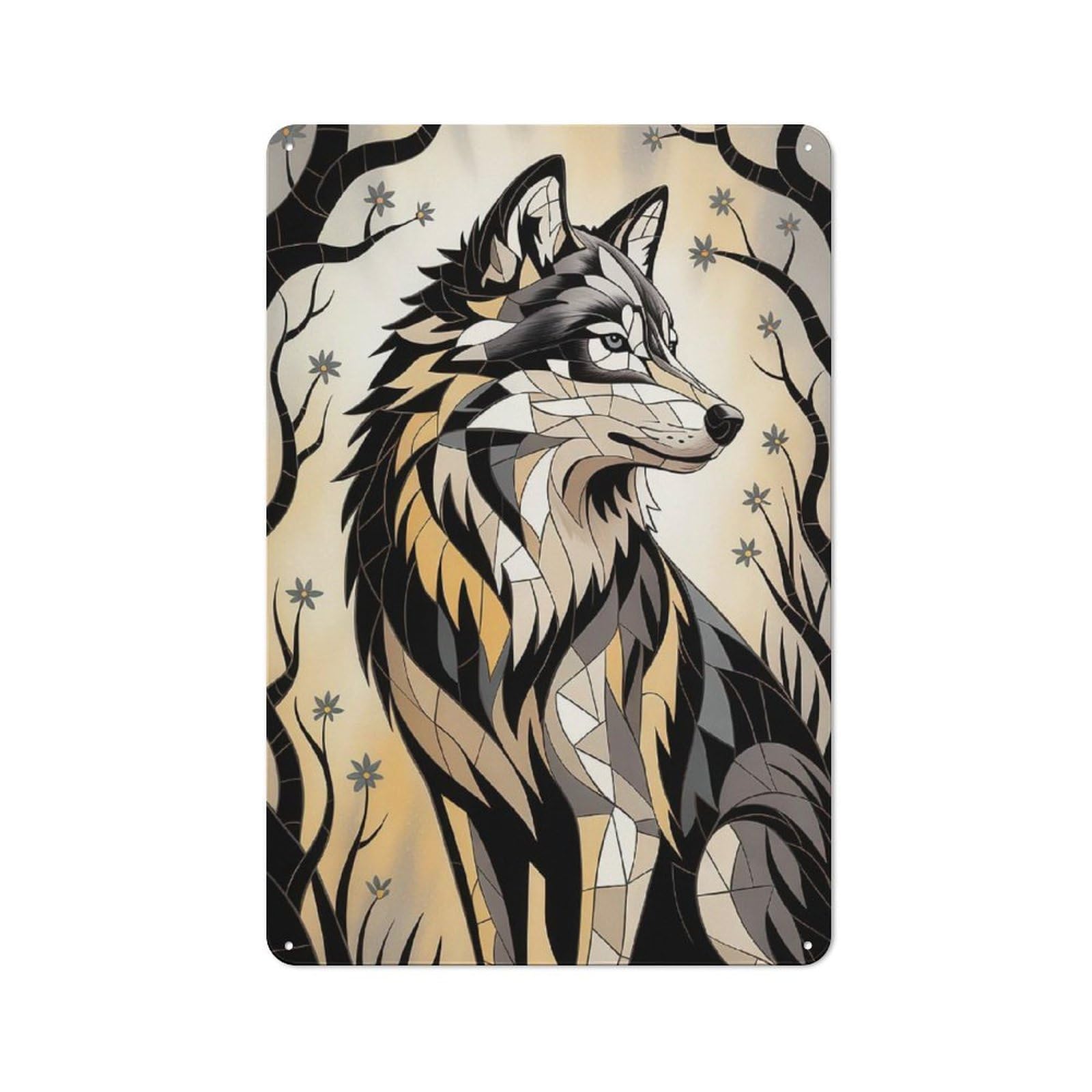 Junmoney Style-6 Gilded Mosaic – Turquoise Wolf Of Celestial Majesty Retro Tin Wall Plaque 30X20cm For Guest Room Or Hallway, For Vintage Wall Decor Fans, For Themed Room Decoration