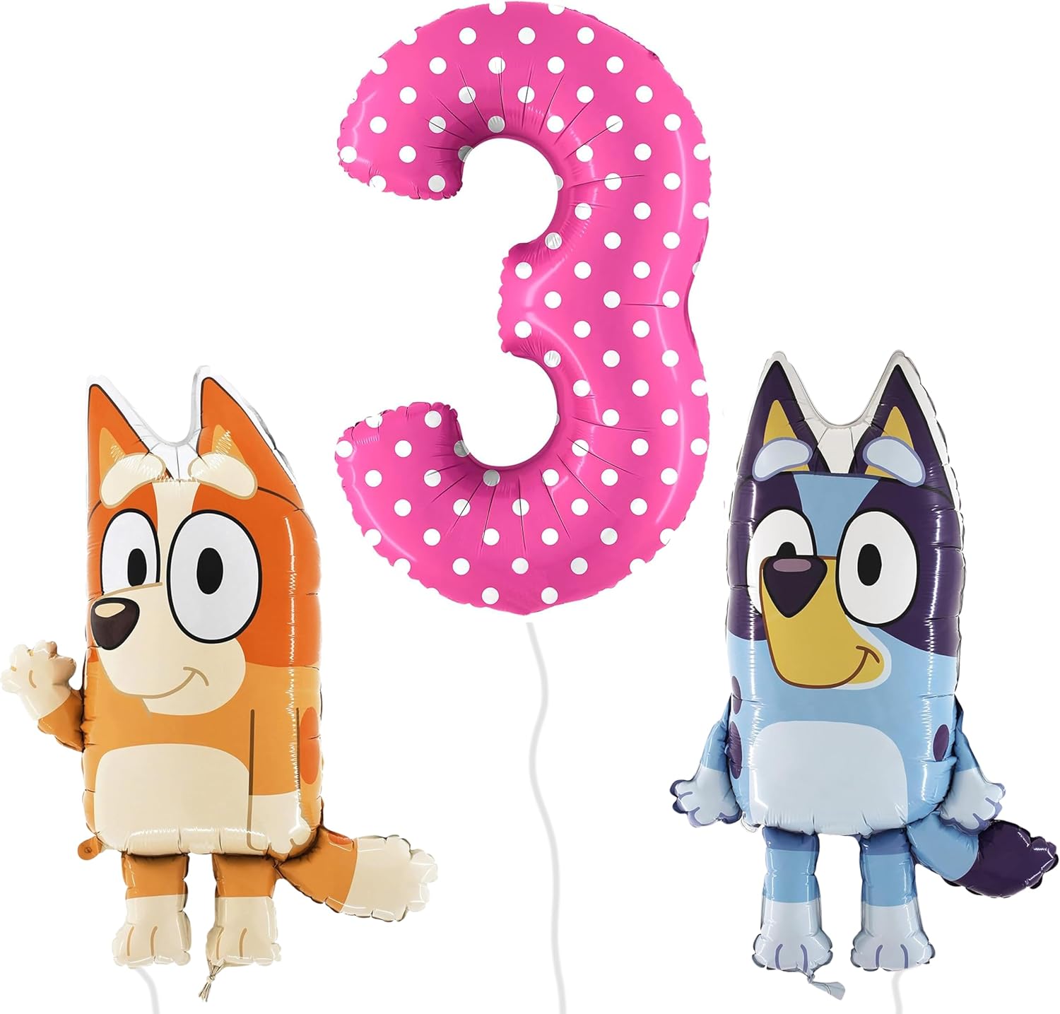 Toyland® Bluey & Bingo Balloon Pack - 2 x 80cm (32") Character Balloons & 1 x 100cm (40") Spotty Number 3 Balloon - Kids Party Decorations