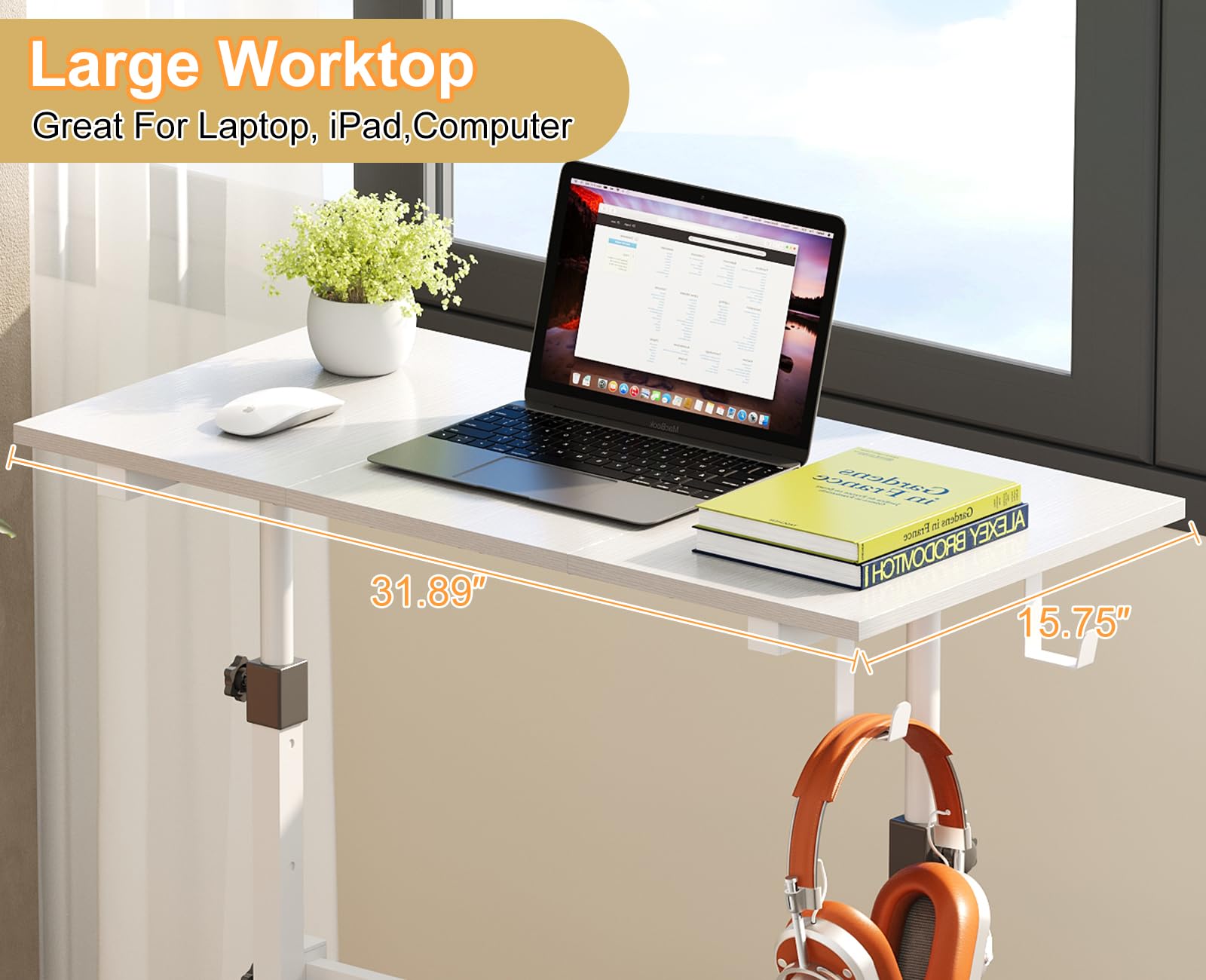 Small Adjustable Height Standing Desk With 2 Hooks Rolling Sit Stand Up Desk With Wheels Adjustable Mobile Portable — view 4