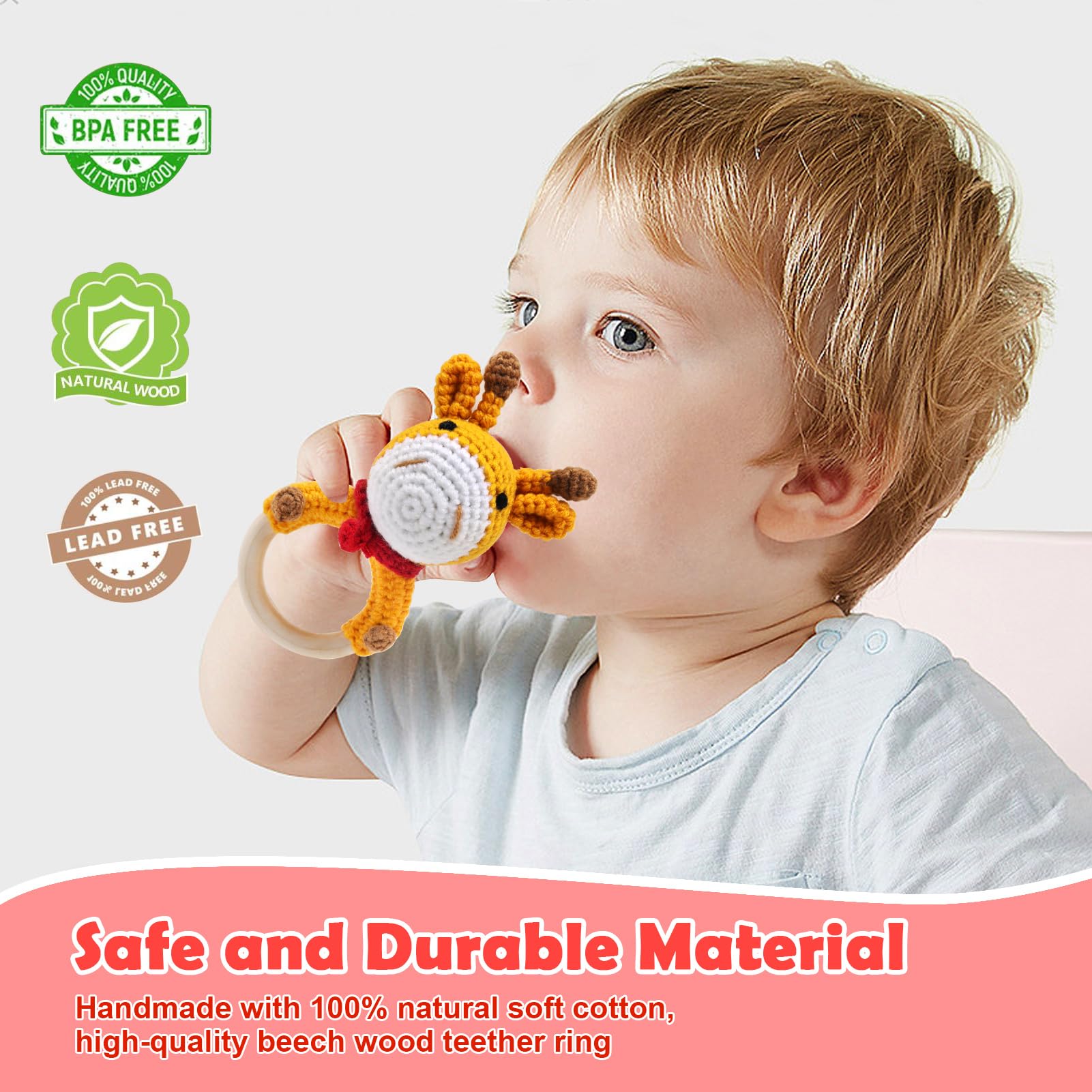 Joylife Wooden Baby Rattle with Teething Ring, Hand-Crocheted Deer Newborn Toy - Image 4