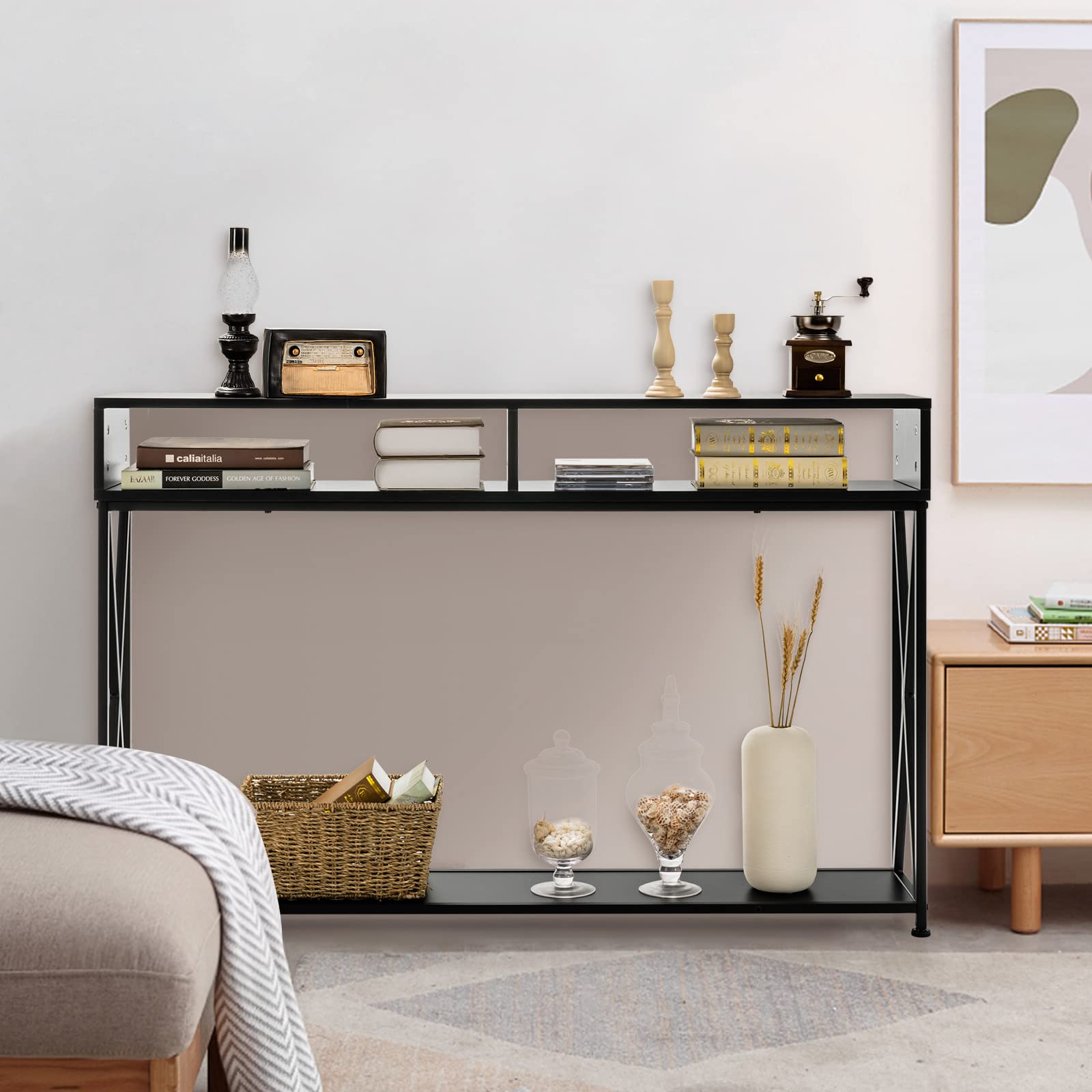 Table Console 2 Niveaux Style Industriel - 120x23x79 Cm | Charge 30 Kg | Cadre Fer + Plateau Bois | Pour Entrée, Salon, Bureau