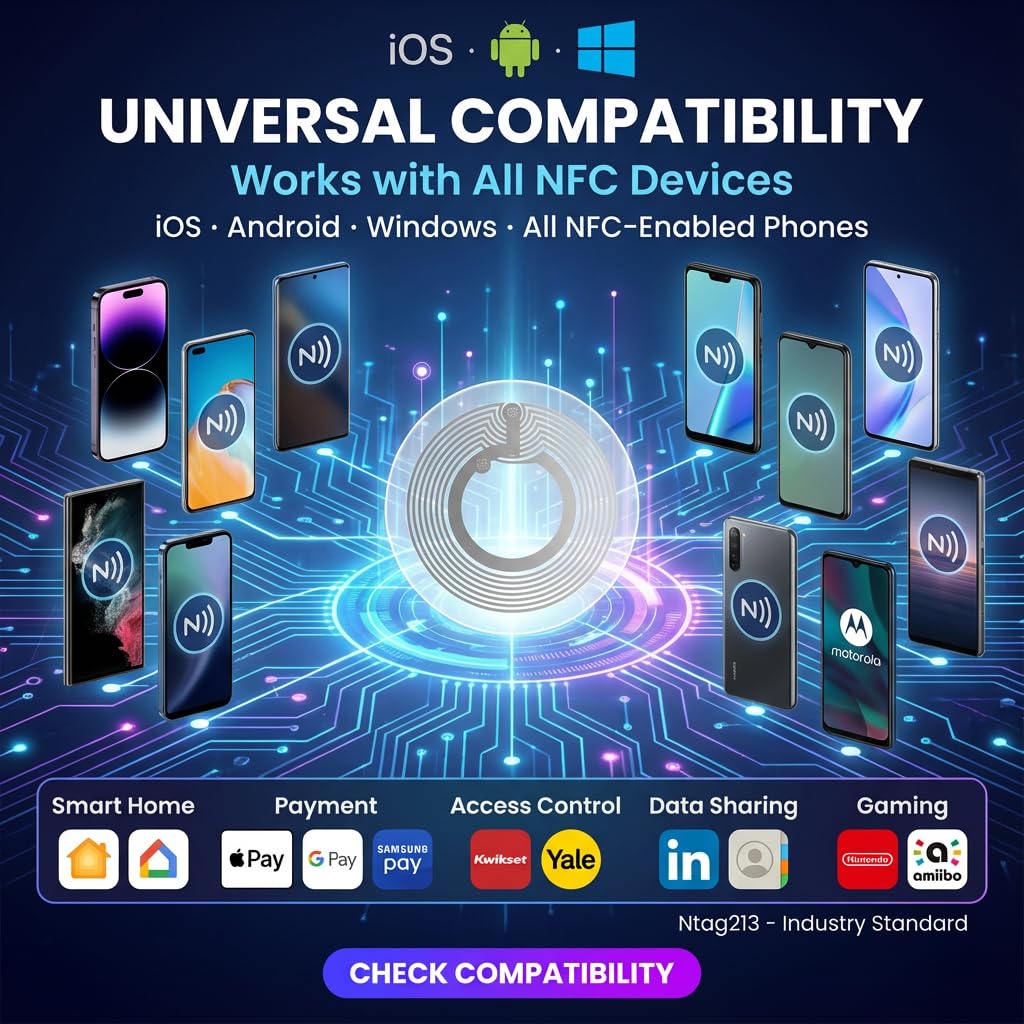 Etichette adesive NFC con chip originale NTAG215, 25 mm, etichette RFID trasparenti riscrivibili a 504 byte, adatte per tutti i dispositivi e smartphone abilitati NFC (200 pezzi)