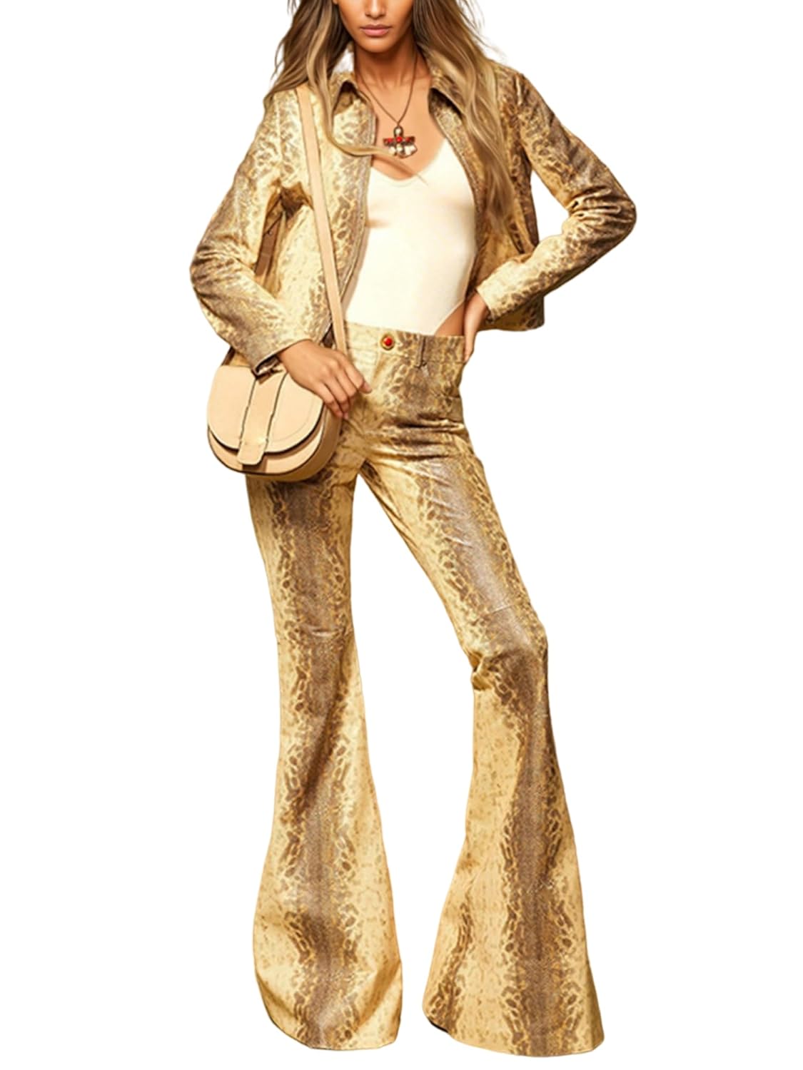 Womens Designer 2PSC Suit Set Snake Skin Patterned Leather Jacket Flare Pants Set Chic Casual Female Daily Outfit