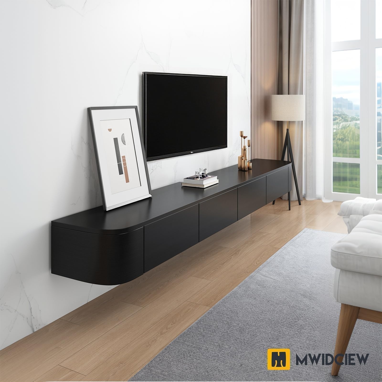 MWIDCIEW Vormontiert TV Lowboard Hängend Schwarz, 120-300cm Moderner TV Schrank Hängend, TV Sideboard Wohnzimmer mit Schubladen, 220cm Küche, Haushalt & Wohnen