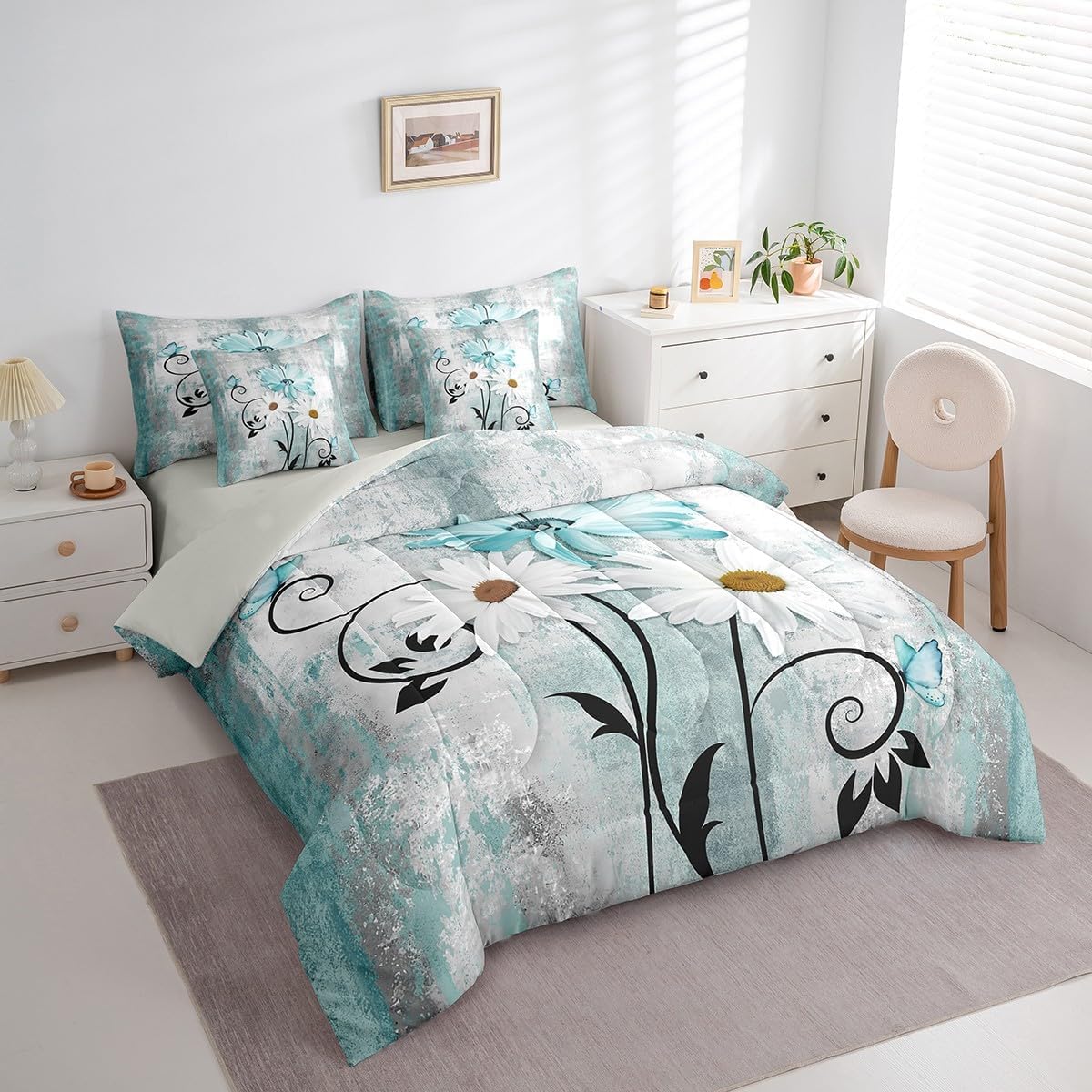 Blue Teal Bedding Sets Rustic Farmhouse Daisy 7 Piece Comforter Set Full Bed In A Bag, Girls Women Adults,Size Farm Country Turquoise Floral Flowers Comforter and Sheets Watercolor Ombre Bed Set