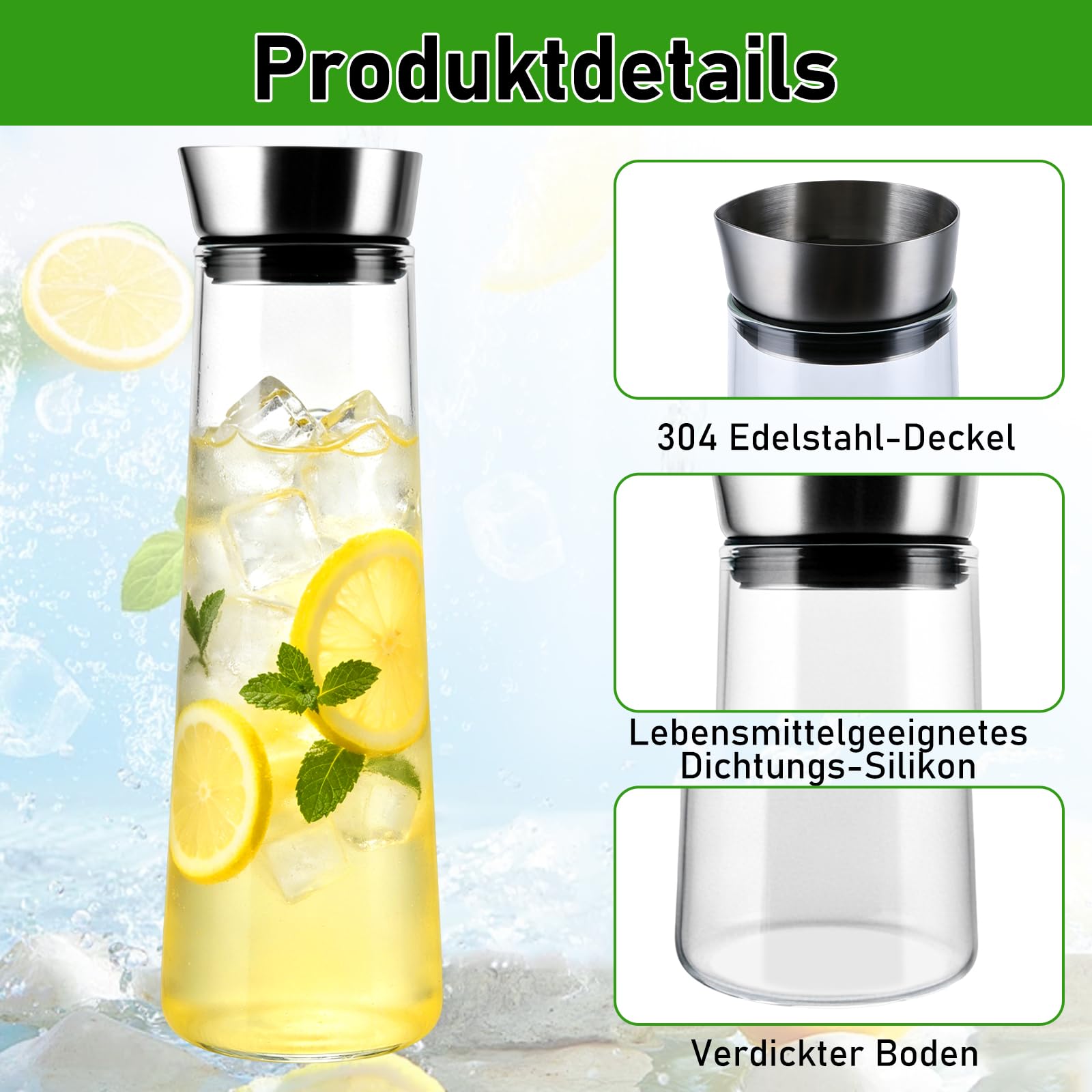 2 caraffe per acqua in vetro da 1500 ml con coperchio in acciaio inox, caraffa in vetro con coperchio da 1,5 l, caraffa per acqua con beccuccio, caraffa per acqua in vetro per bevande fatte in
