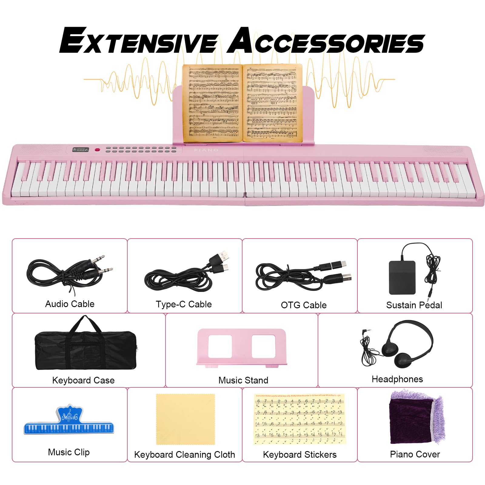 Tastiera per pianoforte a 88 tasti, pieghevole, portatile, con tasti illuminati, pedale professionale, Bluetooth, cuffie, MIDI, 200 suoni, 80 canzoni demo, modalità lezione per principianti, rosa