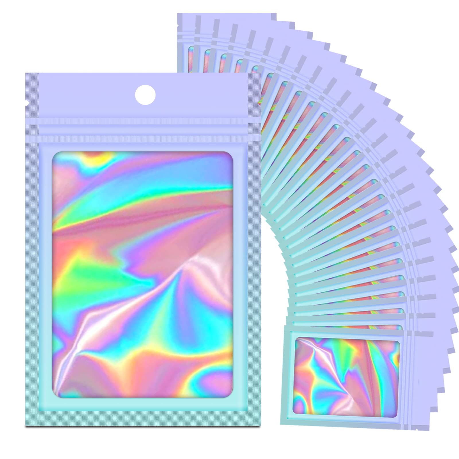 100 Holographic Gradient Mylar Bags with Clear Window, Resealable Zip Pouch, Packaging Party Sample Bags (Purple&Light Blue, 4.7x7.8 Inch)