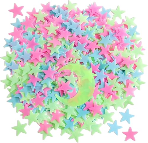 Glow in the Dark Stars and Moon Wall Stickers, 201 Pieces, Multicolor (Pink, Blue, Green), 1.2in Stars with 3.15in Moon, Luminous Ceiling Decals for Kids Bedroom and Nursery