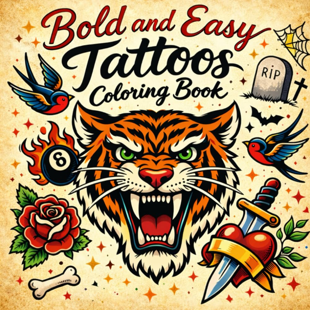 Bold and Easy Tattoos Coloring Book: 40 Artistic Tattoo Coloring Pages for Adult Stress Relief