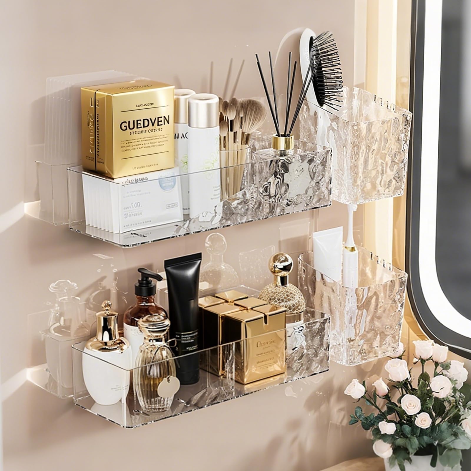 BEWITU 4-Pack Adhesive Shower Shelves - Wall Mounted Bathroom Caddy Organizer with Storage Bins No Drill Bathroom Storage