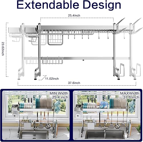 Miniatura 2 de LIVOD Estante de secado de platos sobre el fregadero 2 niveles sobre el fregadero ancho ajustable 256-376 pulgadas estante de platos duradero de