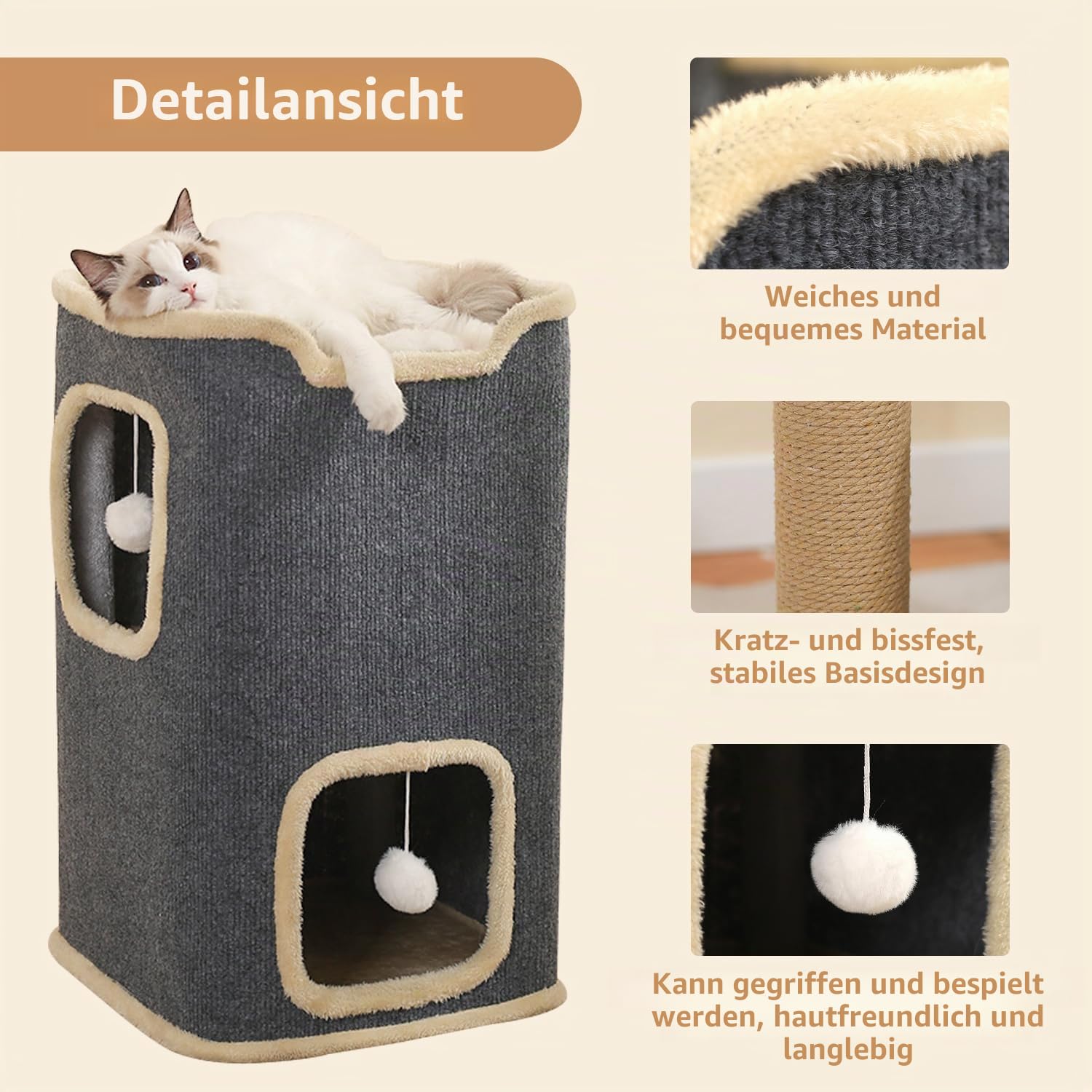 UBRAVOO 2-lagiges Katzenhaus Katzenhöhle für Innenkatzen Rechteckiges Katzenhaus Hängespielzeug Indoor