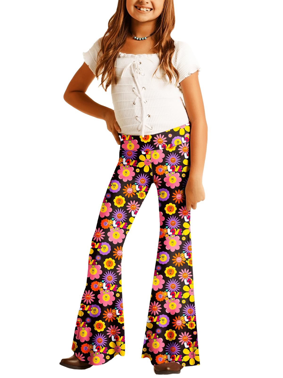DeeroseGirls Bell Bottom Floral Print Stretch Hippie Pants High Waist Flare Pants 5-14 Year