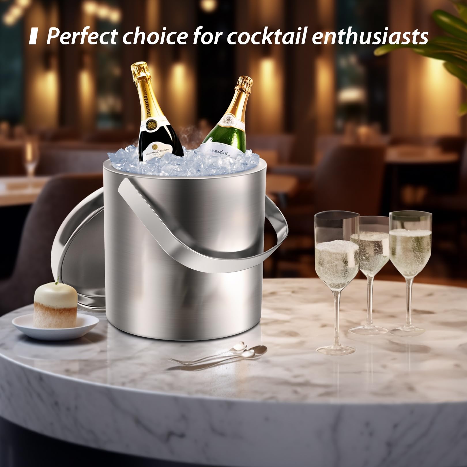 Sailnovo Secchiello per il Ghiaccio Isotermico Con Pinze Manico Coperchio 1,3L A Goppia Parete In Acciaio Inox, Portaghiaccio, Contenitore del Cubetto di Ghiaccio per Cocktail Bar, Feste