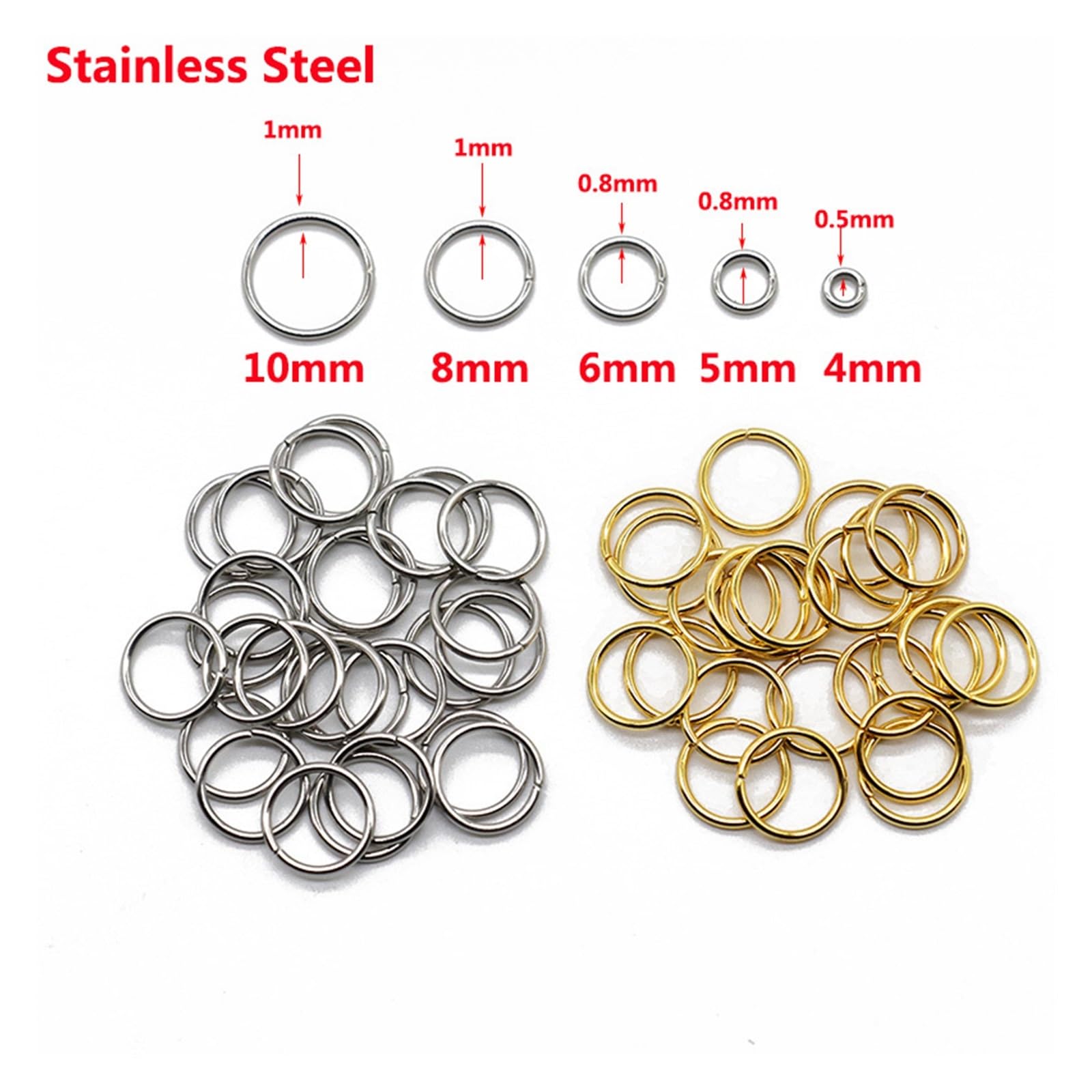 Otwarte pierścienie skokowe ze stali nierdzewnej, 100 szt., 4, 5, 6, 7, 8, 10, 12 mm, łączniki do tworzenia naszyjników, srebrne, 0,7 x 4 mm