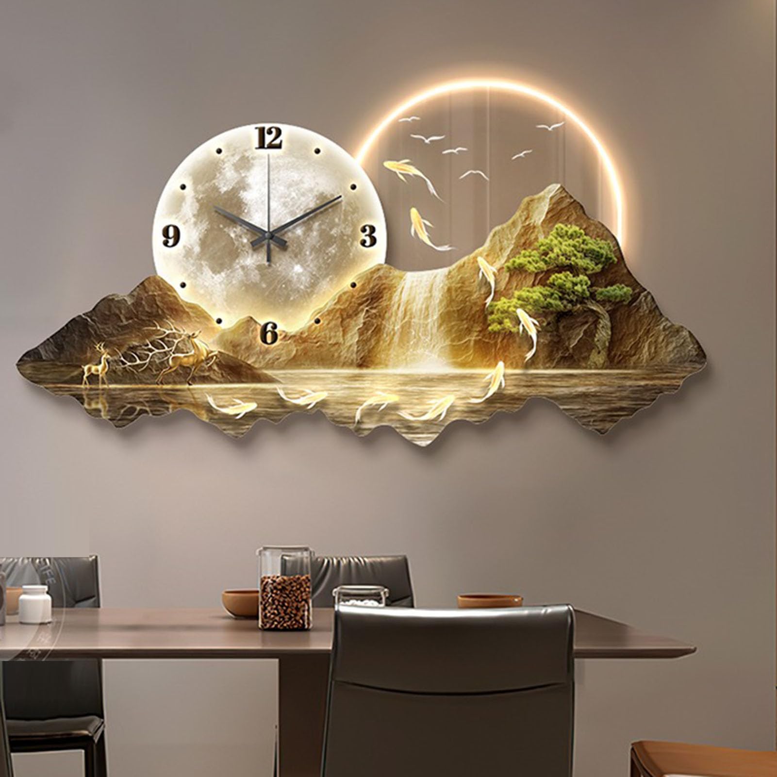 3D-Wandbild mit Uhr – Moderne Wanddekoration für Wohnzimmer und Restaurant, Panorama-Landschaft mit LED, Bilder zum Aufhängen