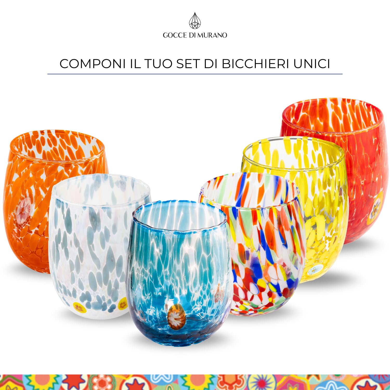 Gocce di Murano 6 Bicchieri Acqua Lavorati Secondo la Tradizione degli Artigiani di Murano, Bicchiere Soffiato e Lavorato a Mano 300 ml - Bicchieri Acqua Vetro Arcobaleno Pioggia