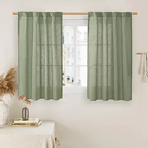 LAMIT Sage Green Semi Sheer Window Linen Curtains, 54 Inch Length Light Filtering Panels Back Tab and Rod Pocket Neutral Drapes for Bedroom/Living Room, 2 Panels, 34 x 54 Inch