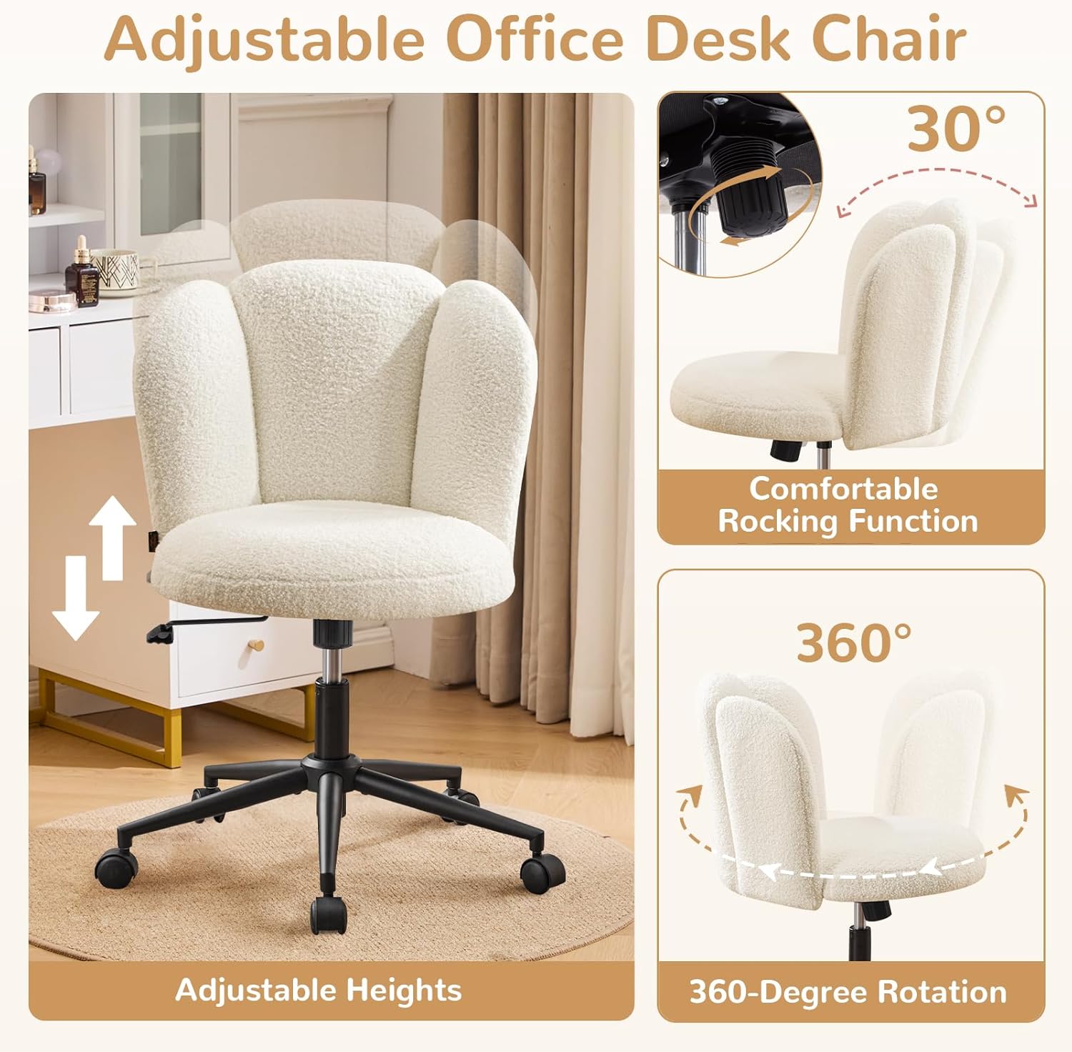 Furniliving Flower-Shaped Boucle Vanity Chair with Wheels, Adjustable Height Swivel Desk Chair, Armless Makeup Chair for Bedroom Home Office, White