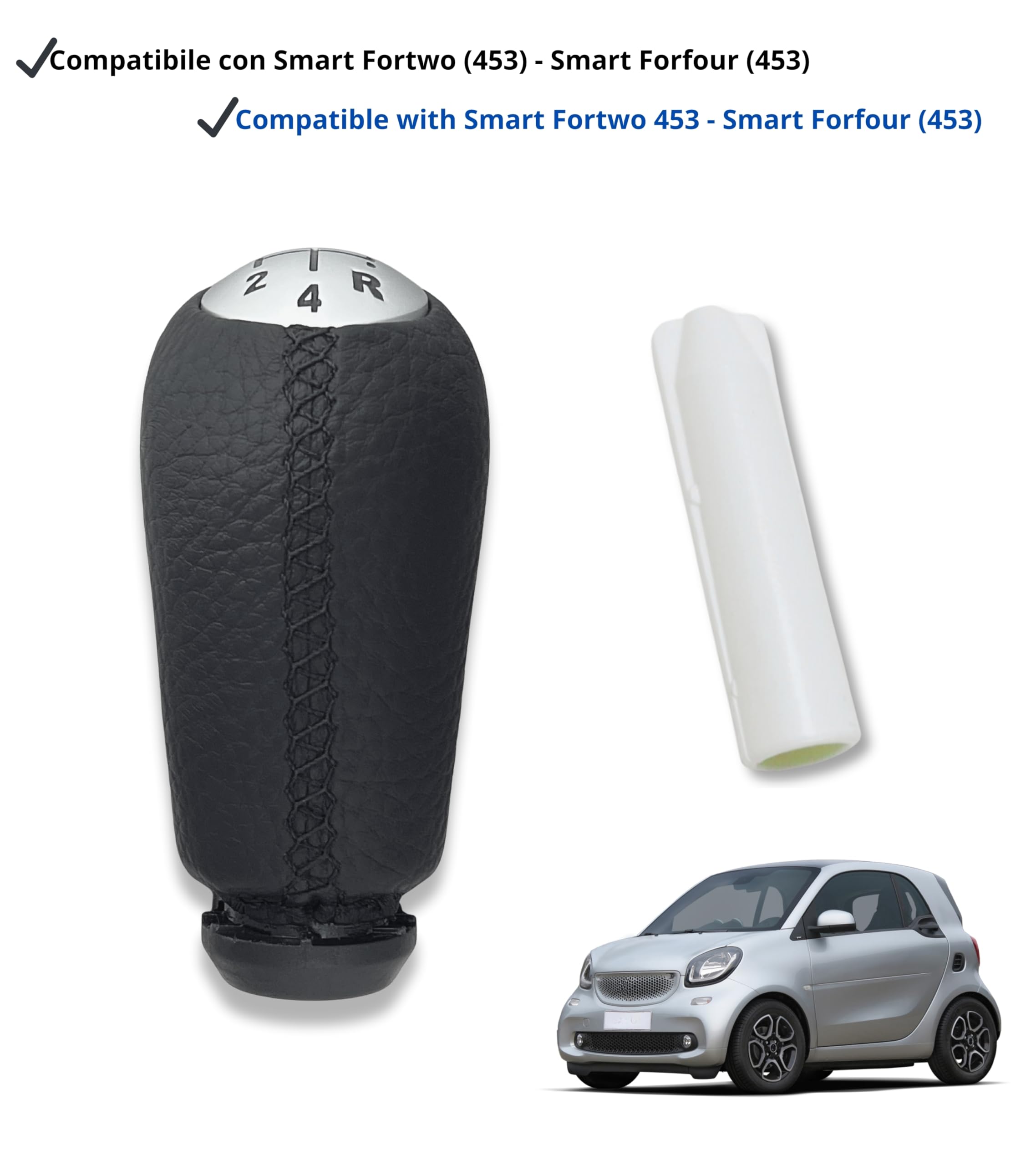 1neiSmartech Kit Pomello Leva Cambio 5 Marce con Adattatore in Plastica, Compatibile con Smart Fortwo III 453 2014–2022 e Smart Forfour W453 2014–2024, Cuciture Nere