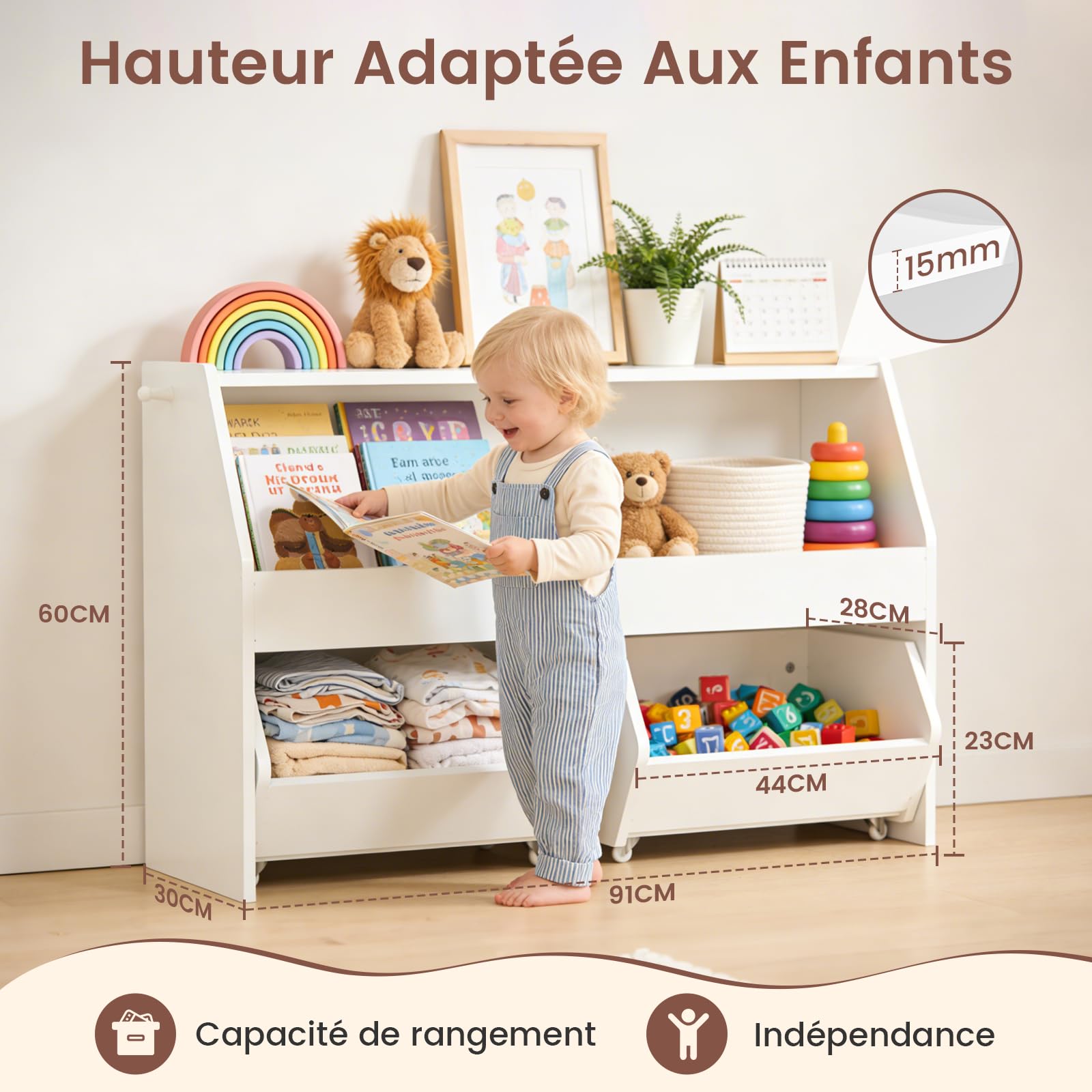 Meuble Rangement Enfant, Rangement Jouet Enfant Étagère avec 2 Tiroirs Roulants, Bois Meuble Rangement Jouet avec Crochet, pour Chambre Enfant/Salle de Jeu -Blanc 91x30 x60 cm