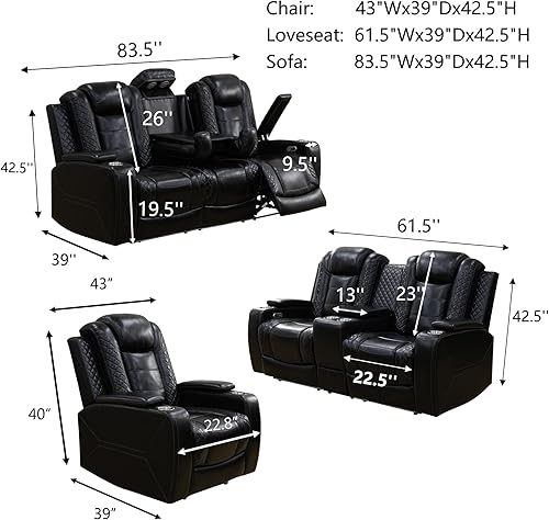 Miniatura 2 de Juego de sofá reclinable eléctrico de cuero con LED, juego de muebles de sala de estar, juego de sofá de cuero con puerto USB, consola de