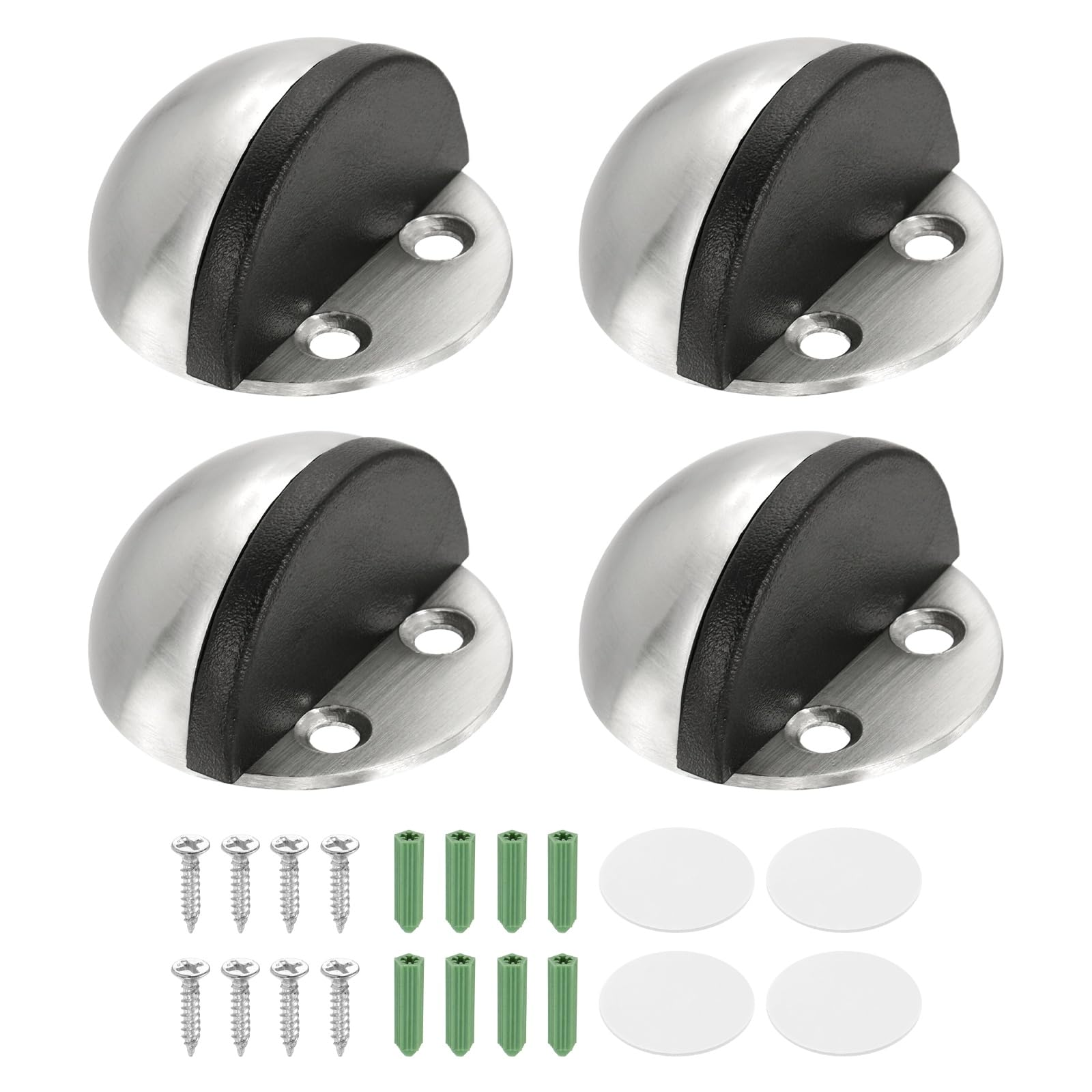 sourcing map 4 Pack Low Dome Floor Door Stop, 45mm Dia. Stainless Steel Door Stopper, Half Dome Rubber Bumper Wall Protector with Screws&Adhesive Tape for Bedroom Bathroom Office, Silver Tone
