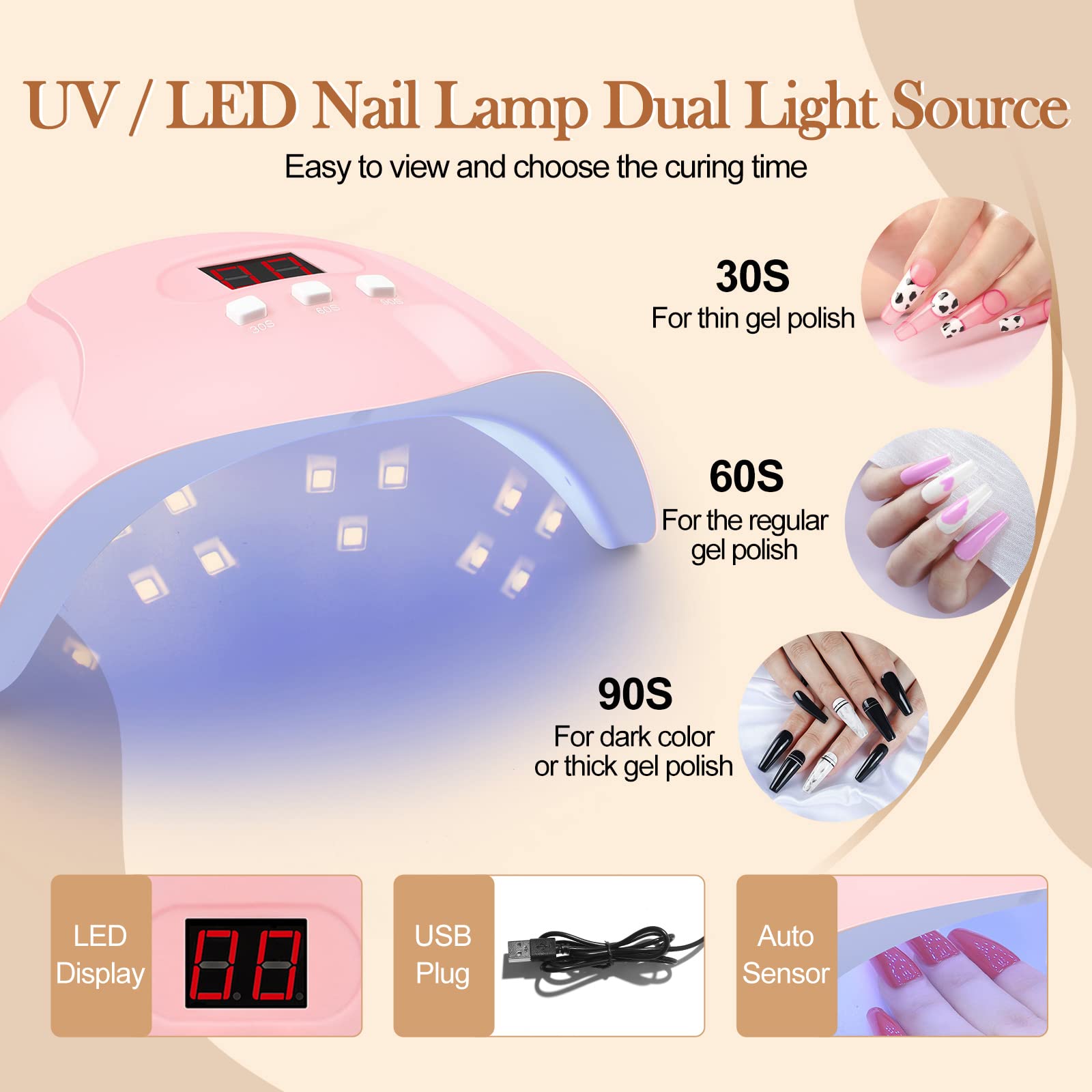 PEACECOLOR Poudre Acrylique Pour Ongles kit avec lampe à ongles 36W, 3Pcs Poudre Acrylique et Liquide acrylique, lime a ongle electrique, Convient Aux Débutants et Aux Professionnels