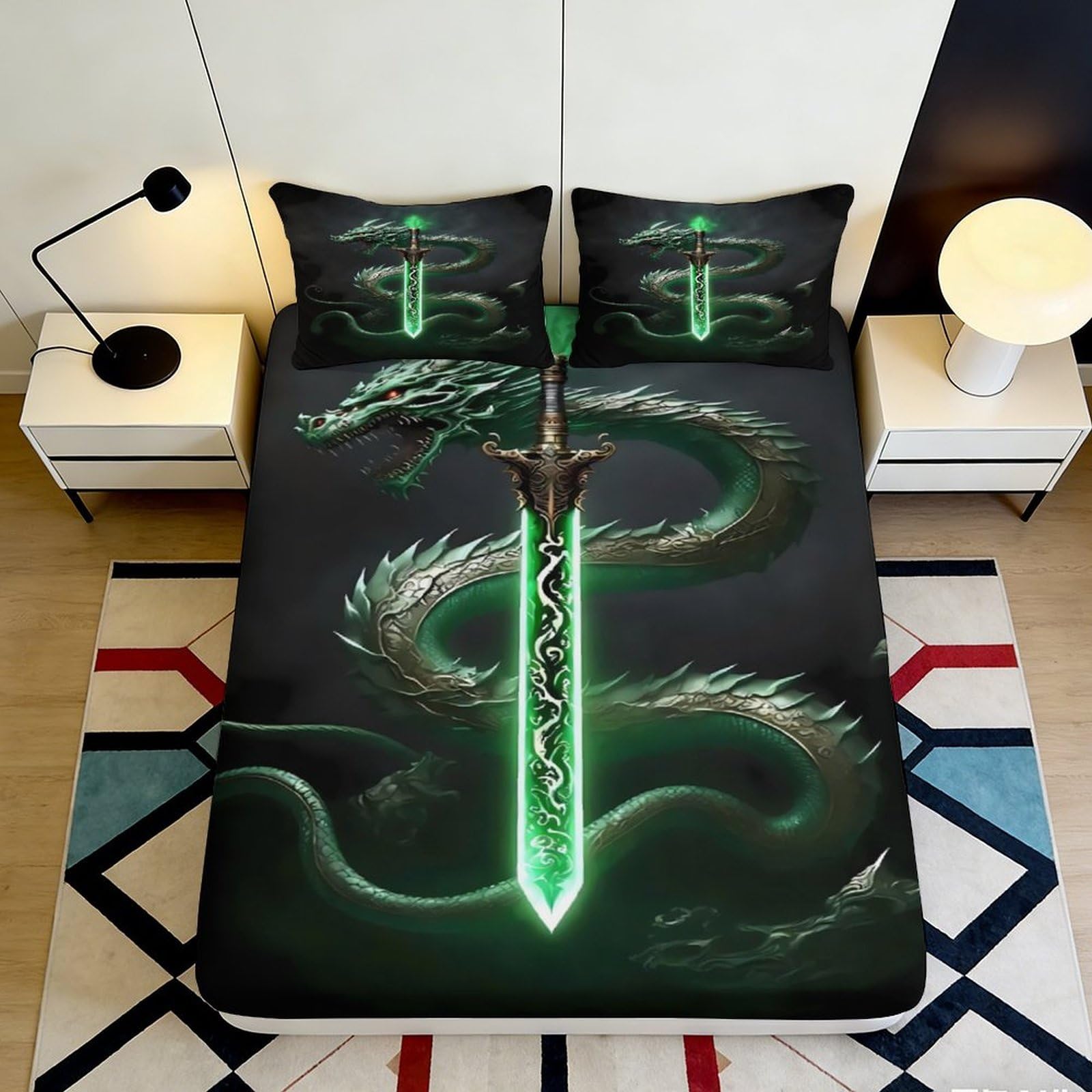 3D Printed Green Dragon Fitted Sheet Microfiber Soft Sword Pattern Bed Cover for Bedroom Dorm Mattress Protection 90x200x25cm