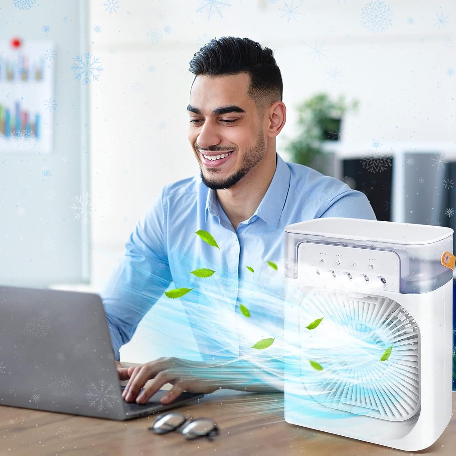 Przenośny klimatyzator 5 w 1 - chłodzenie, nawilżanie, aromaterapia, światło nocne, wentylacja; zbiornik 600 ml, głowica obrotowa 180°, 26 × 21 cm, USB | FRIOZA
