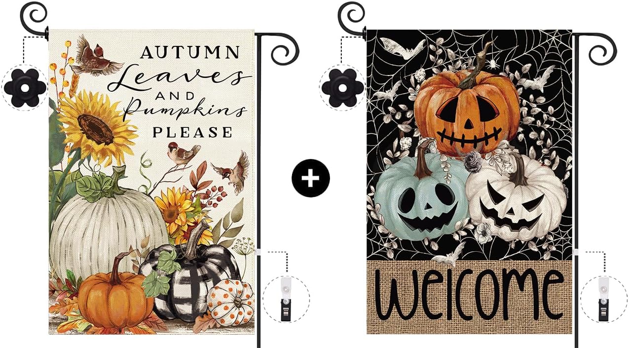 Baccessor 2 PCS Fall Garden Flag 12.5x18 Inch and Halloween Garden Flag 12.5x18 Inch