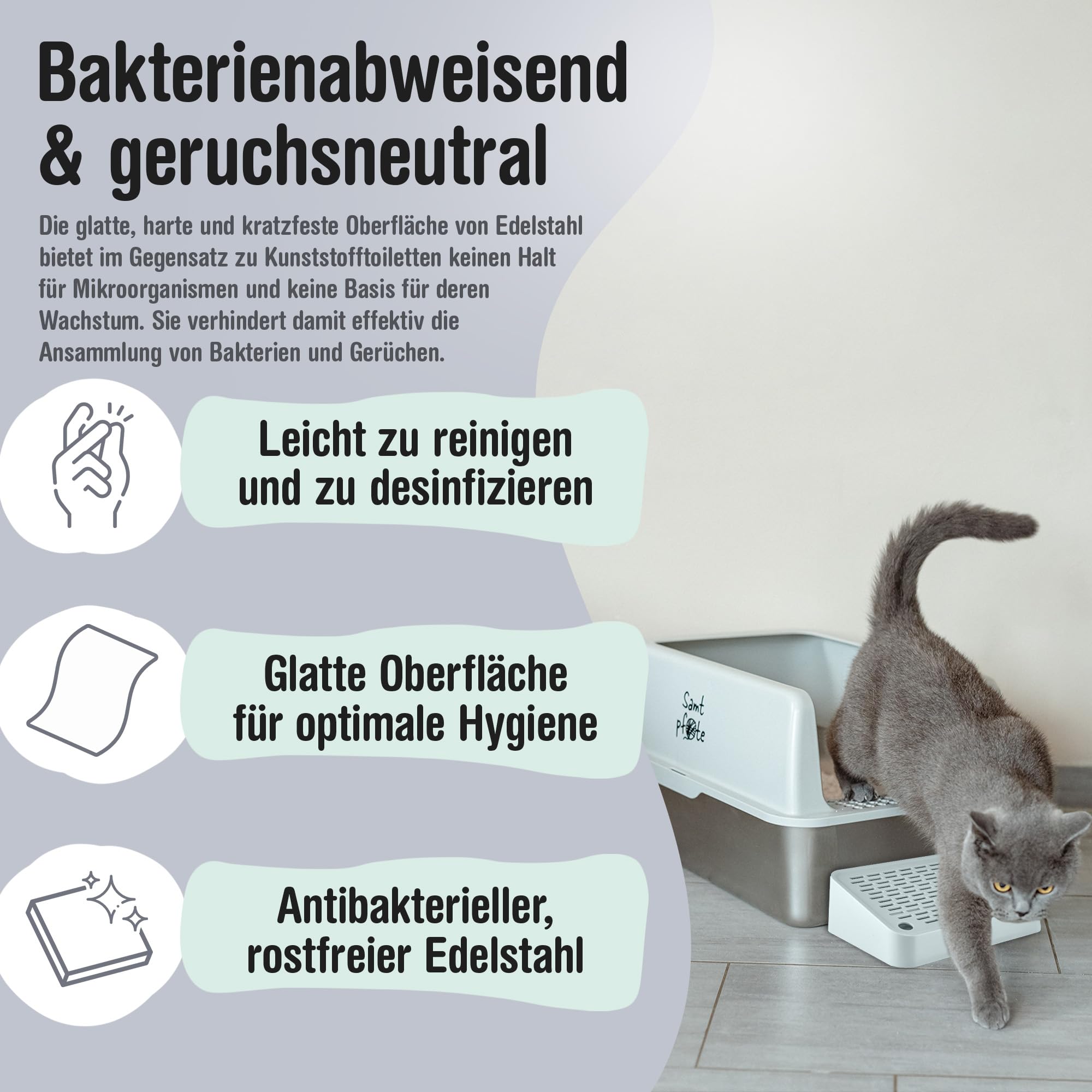 Samtpfote® Vista- Offenes Katzenklo aus Edelstahl - XL Katzentoilette mit Spritzschutz - Fronteinstieg -Auslaufsicher - Antibakteriell - Hygienisch - Leichte Reinigung - 60 x 40 x 30 cm Cat Litter Box