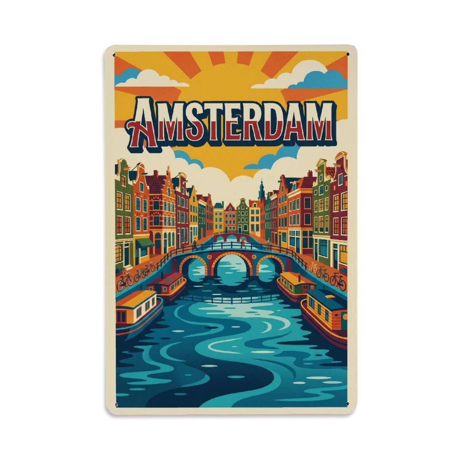 Waterway Boats Canal Retro Amsterdam Waterfront Tourism Metal Tin Sign Plaque Wall Decor for Cafe, Man Cave, Club Bar, Office, Home Garden Round Metal Poster 8x12Inch