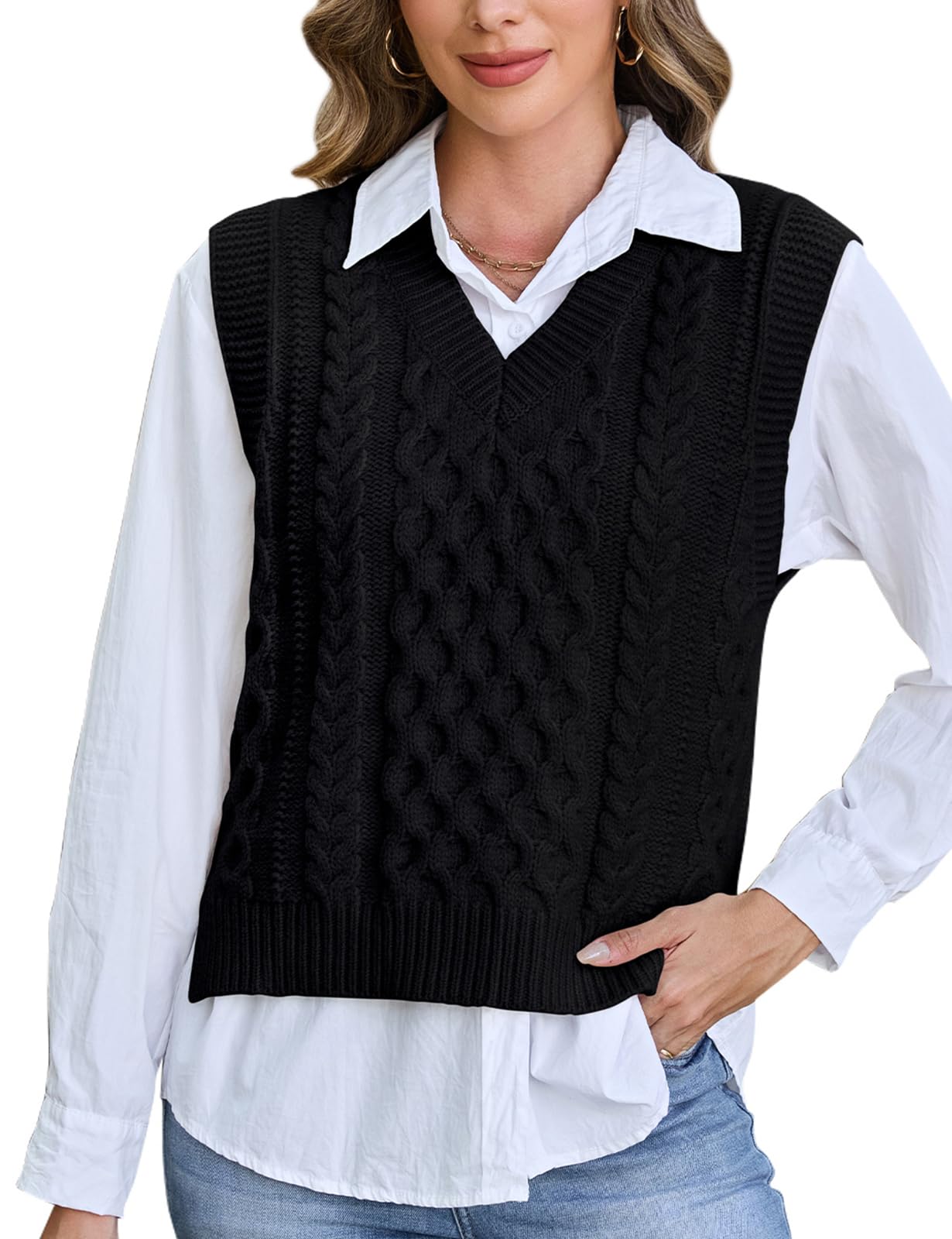 Tanst Sky Womens Sweater Vest V Neck Sleeveless Solid Casual Cable Knit Pullover Tops