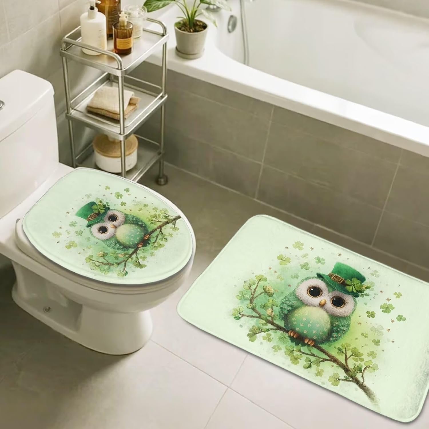 Owl Shamrock Print Bathroom Rug Sets 2 Pcs Flannel Bath Mats for Bathroom Floor Shaggy Fabric Cover for A Lid Toilet Bath St. Patrick's Day Accessories
