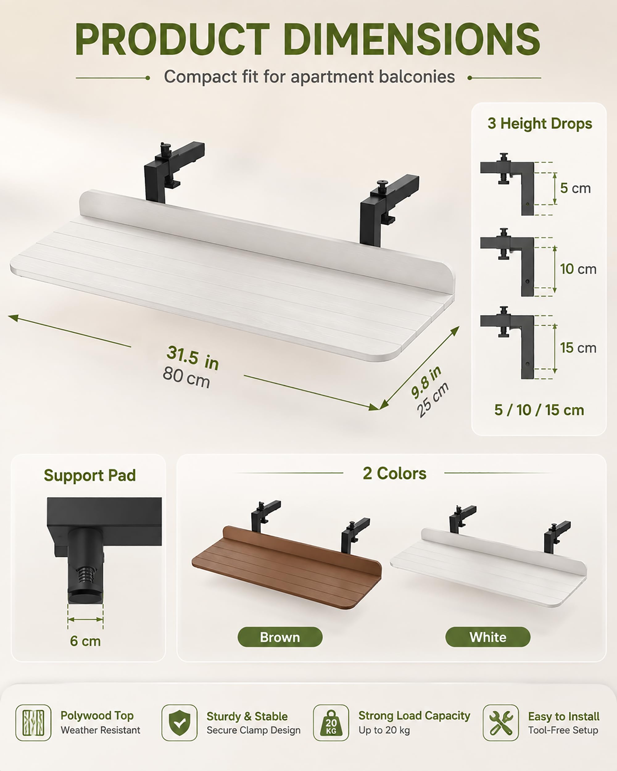 Mesa Colgante para Balcón Plegable - Barra Bar de Terraza Exterior Sin Taladrar, Altura Ajustable con Borde de Seguridad, Madera Plástica,Blanca,80 * 25cm