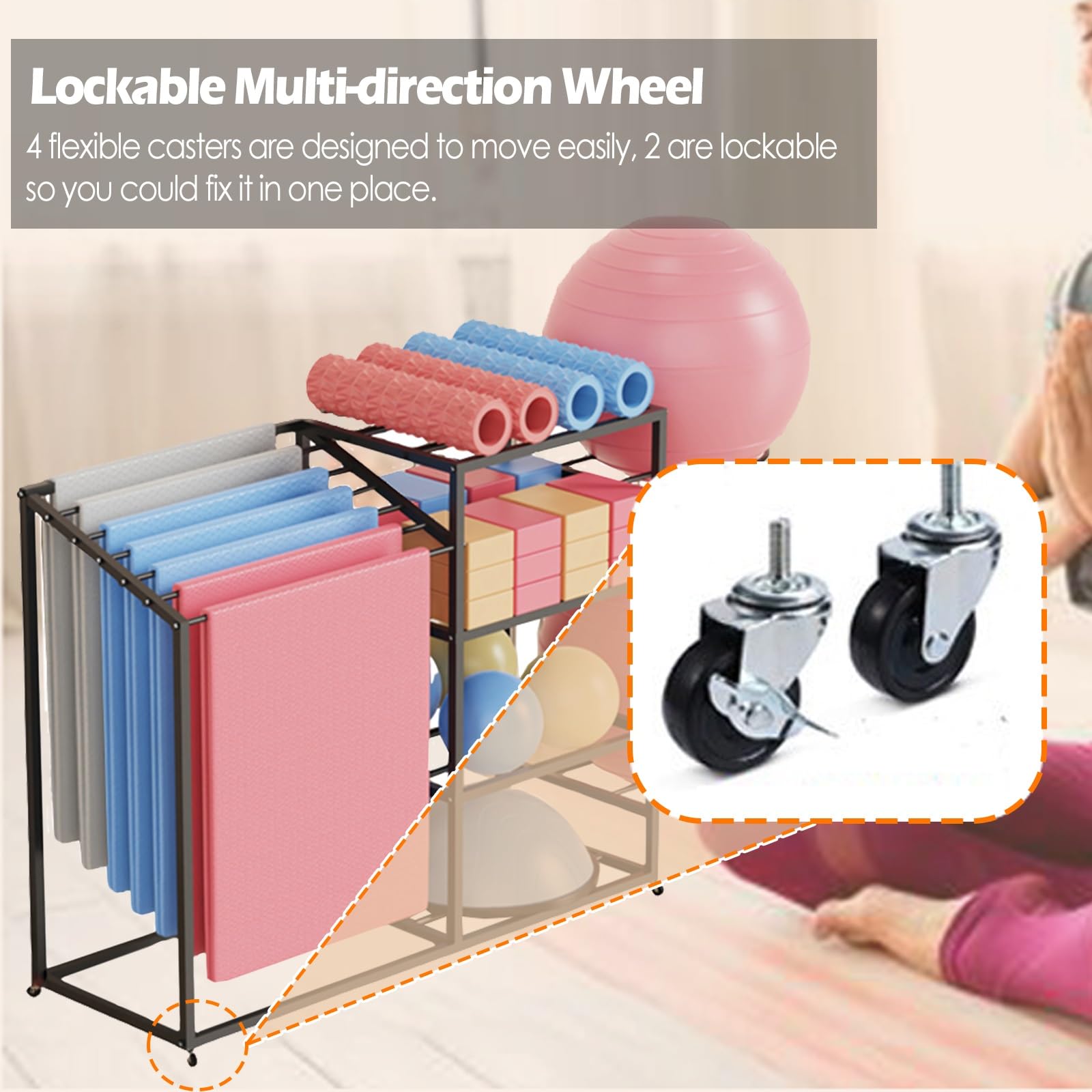 Soporte Ajustable para Esterilla de Yoga, con Ruedas, para el hogar, para Guardar Rodillos de Espuma en gimnasios o Salas de Fitness, para exhibir en el Suelo colchonetas de Pilates y ejerci