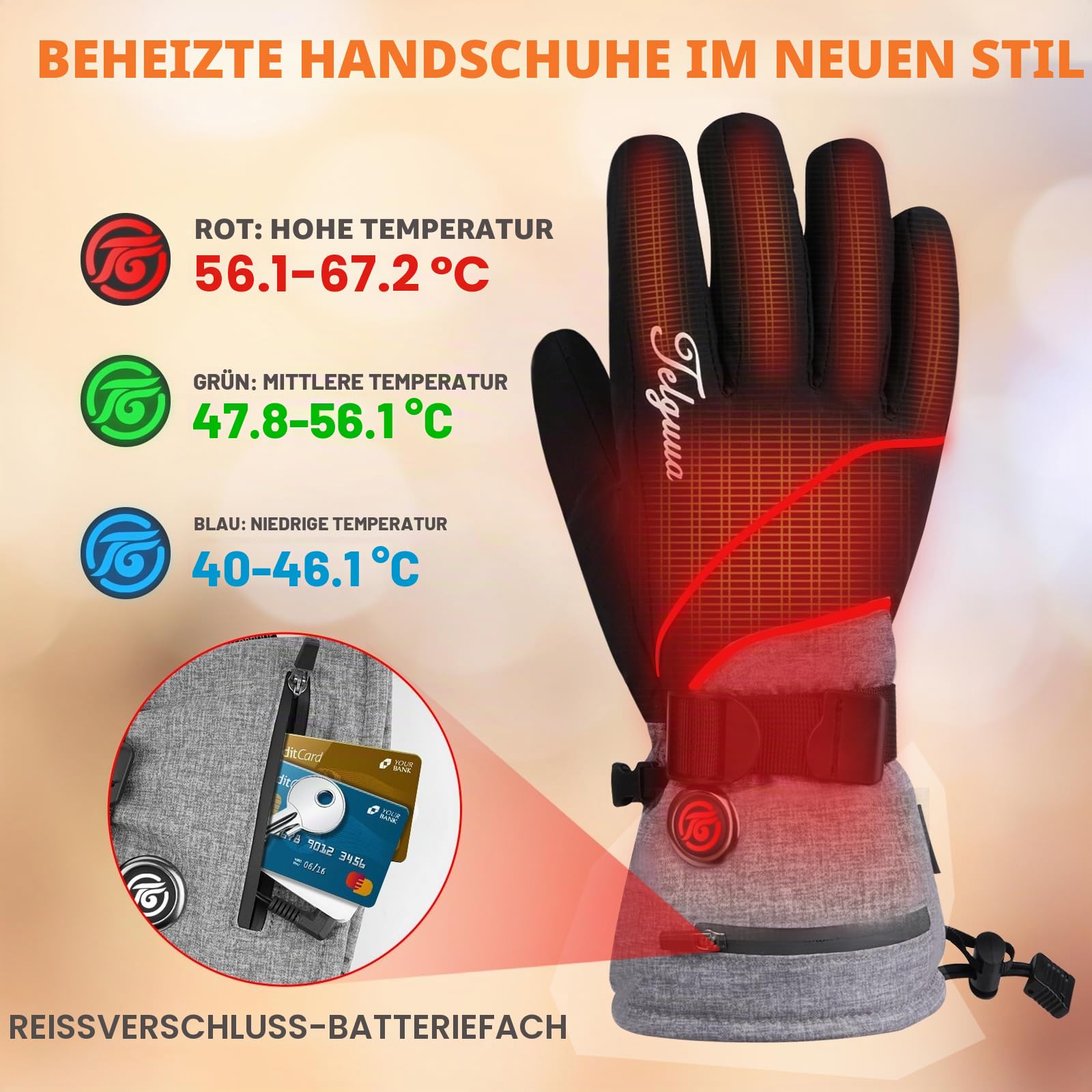 Telguua Beheizbare Handschuhe Wasserdicht mit 7.4V 5500mAh Akku für Herren Damen,3 Temperaturstufen/Verdickt Winddicht Touchscreen,USB-C Wiederaufladbar beheizte Handschuhe Motorrad Arbeiten im Freien