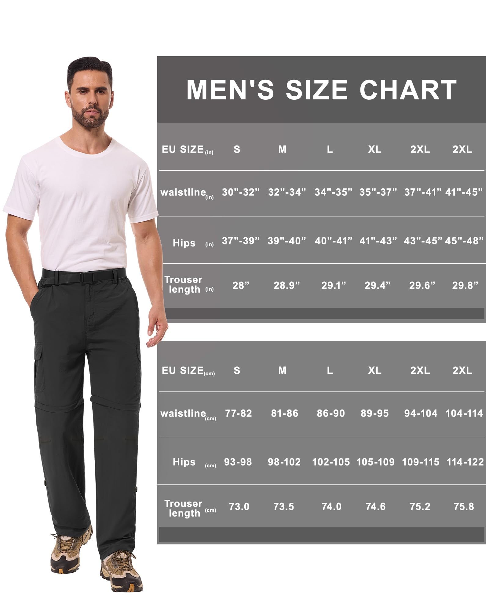 Pantalones de Senderismo Hombres Cremallera Desmontable Pants de Trekking, Secado Rápido al Aire Libre Pants Funcionales Trabajo Pantalones de Verano con Cinturón