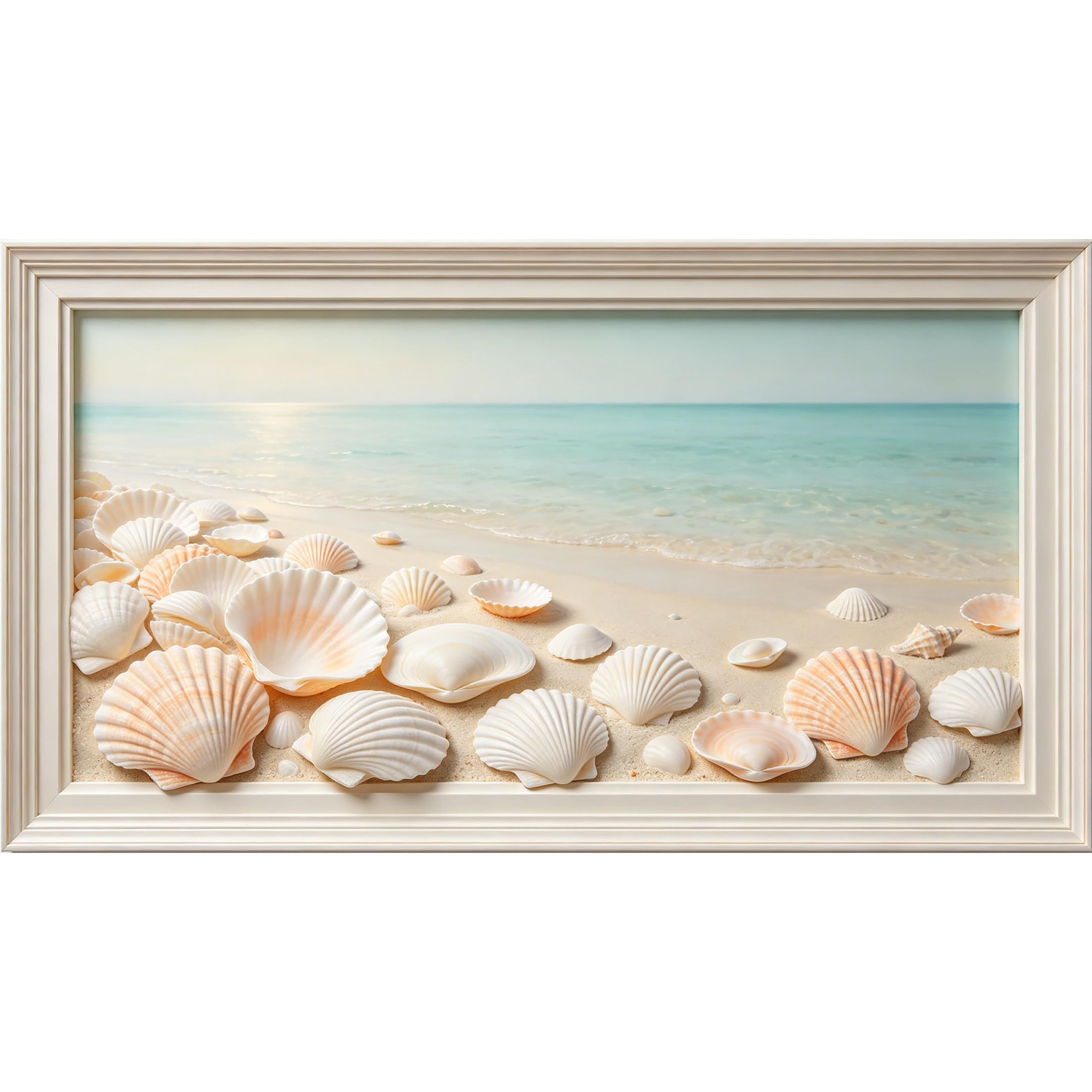 QZLITHOTIC 50×90cm3D Framed Wall Art， Coastal Seashell Beach Scenery Self?Adhesive Mural， Water?Activated Peel & Stick Fabric Decor Wall Decal for Bedroom Living Room