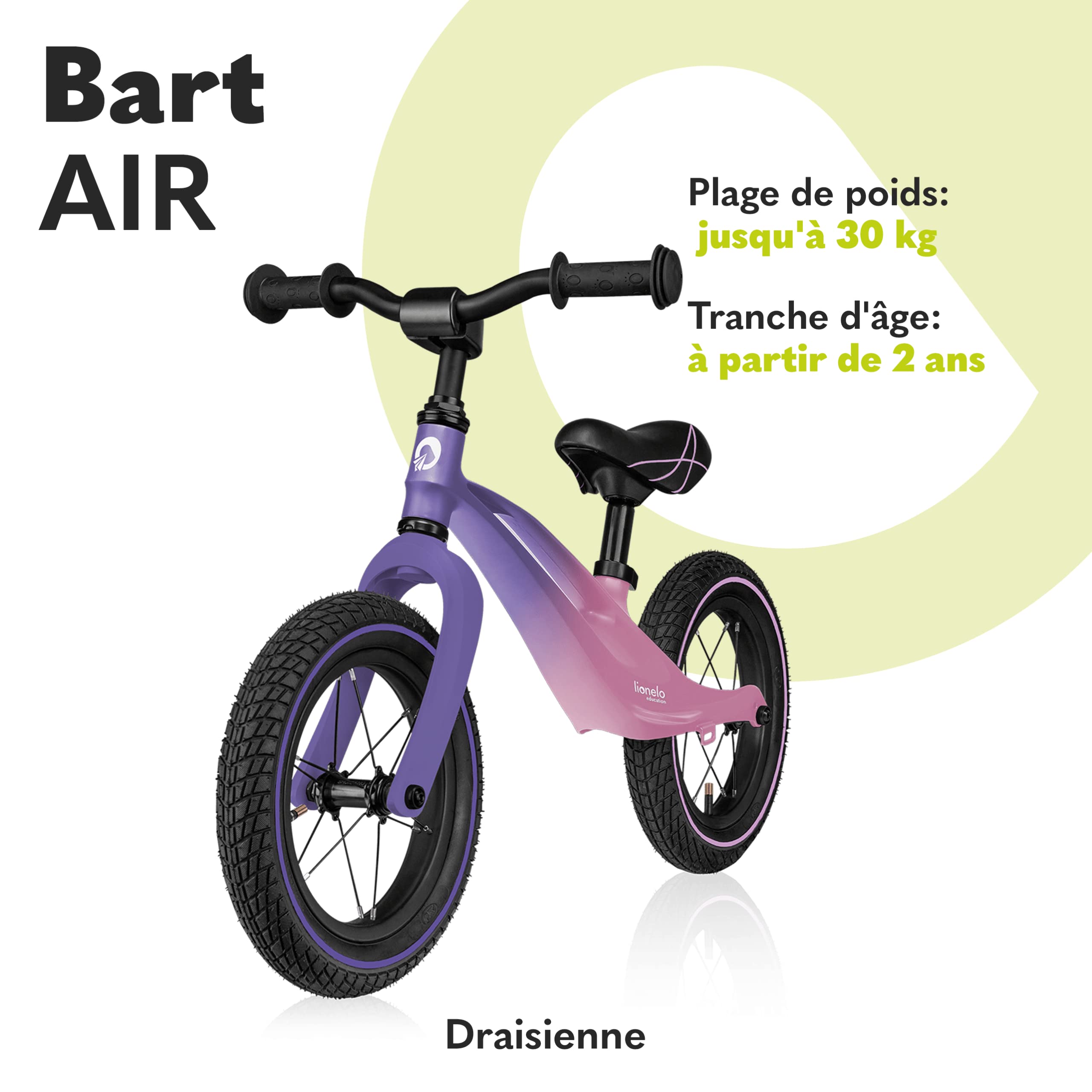 Lionelo Bart Air Draisienne 2-6 Ans, Roues 12 Pouces, Rose Violet | Pneus gonflables, cadre léger en magnésium 3,8 kg, selle et guidon réglables, repose-pieds, jusqu’à 30 kg