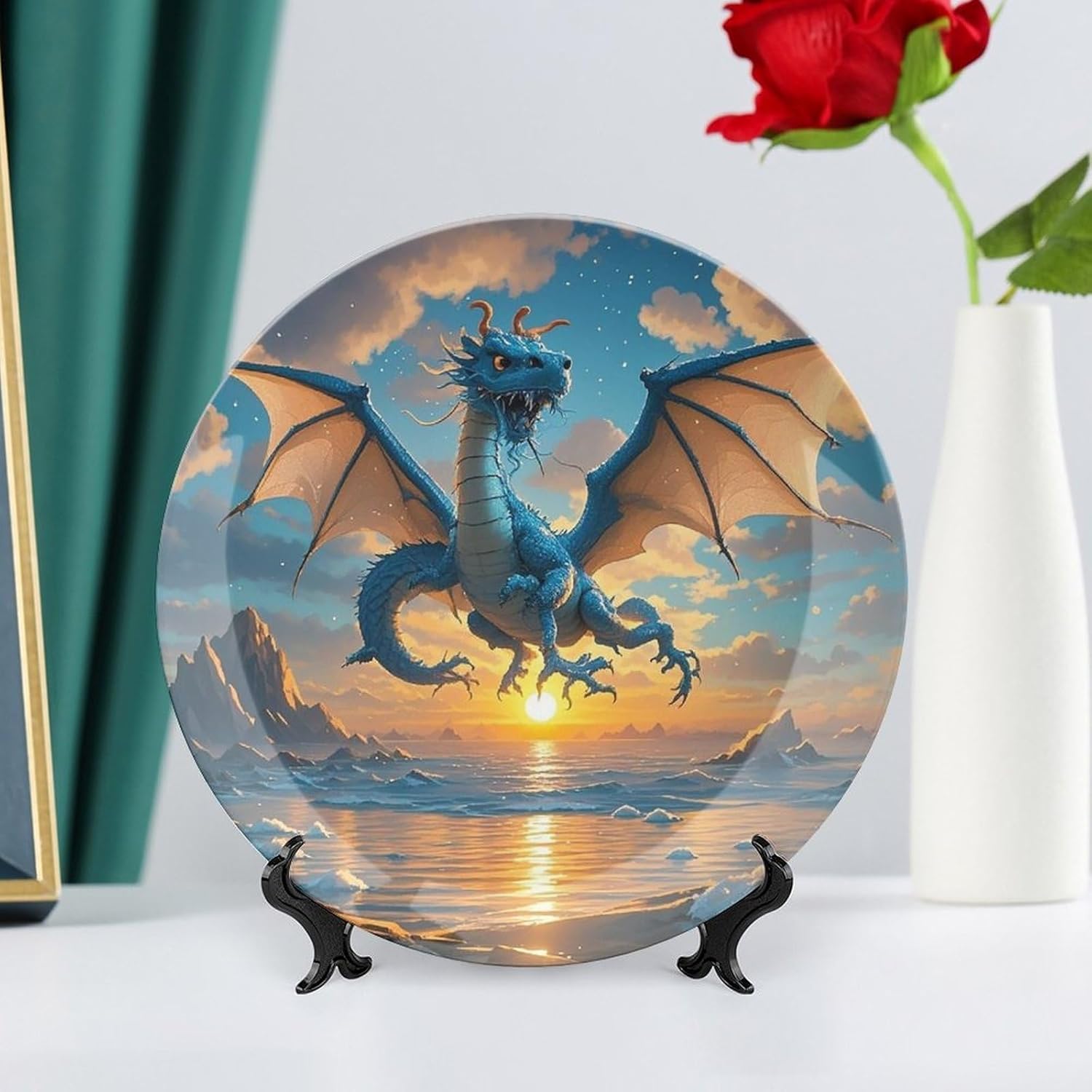 Sea Sunset Flying Dragon Decorative Ceramic Plate Round Porcelain Plate Decor Personalized Bone China Decorative Plates Ceramic Ornaments Dessert Plates with Display Stand 10inch